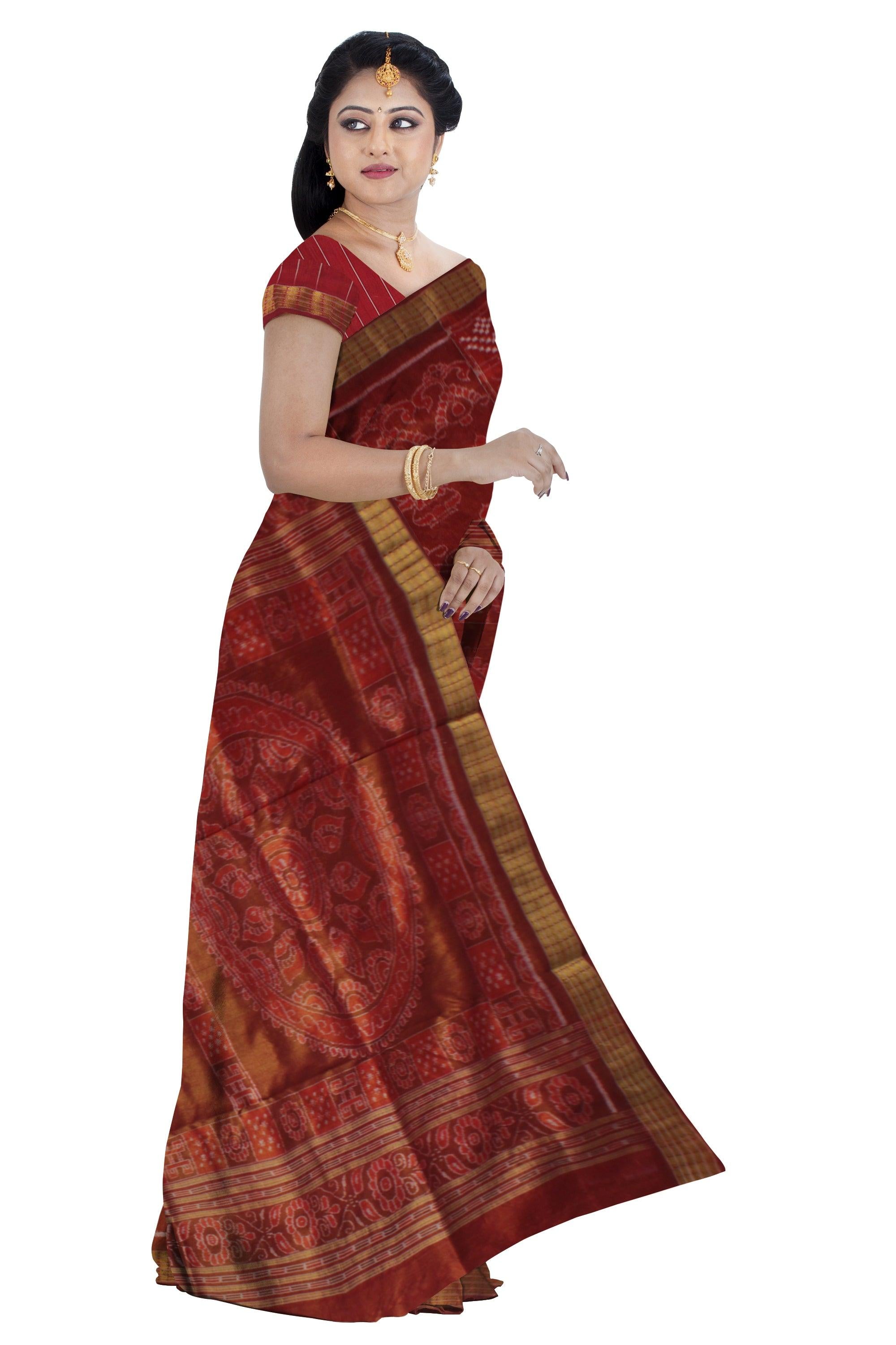 TRADITIONAL KALASH AND PASAPALI PATTERN PURE TISSUE SILK SAREE IS DARK-ORANGE AND MAROON COLOR BASE,AVAILABLE WITH MATCHING BLOUSE PIECE. - Koshali Arts & Crafts Enterprise