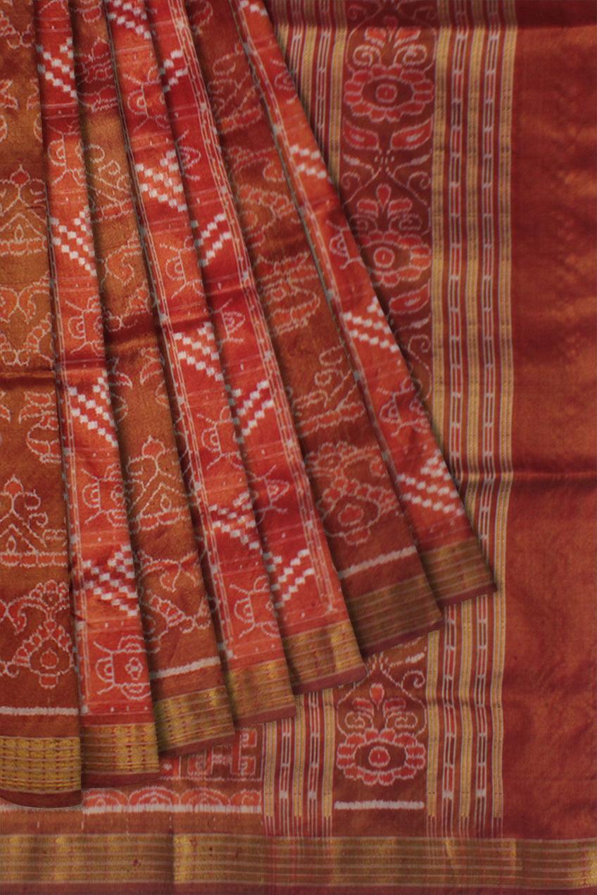 TRADITIONAL KALASH AND PASAPALI PATTERN PURE TISSUE SILK SAREE IS DARK-ORANGE AND MAROON COLOR BASE,AVAILABLE WITH MATCHING BLOUSE PIECE. - Koshali Arts & Crafts Enterprise