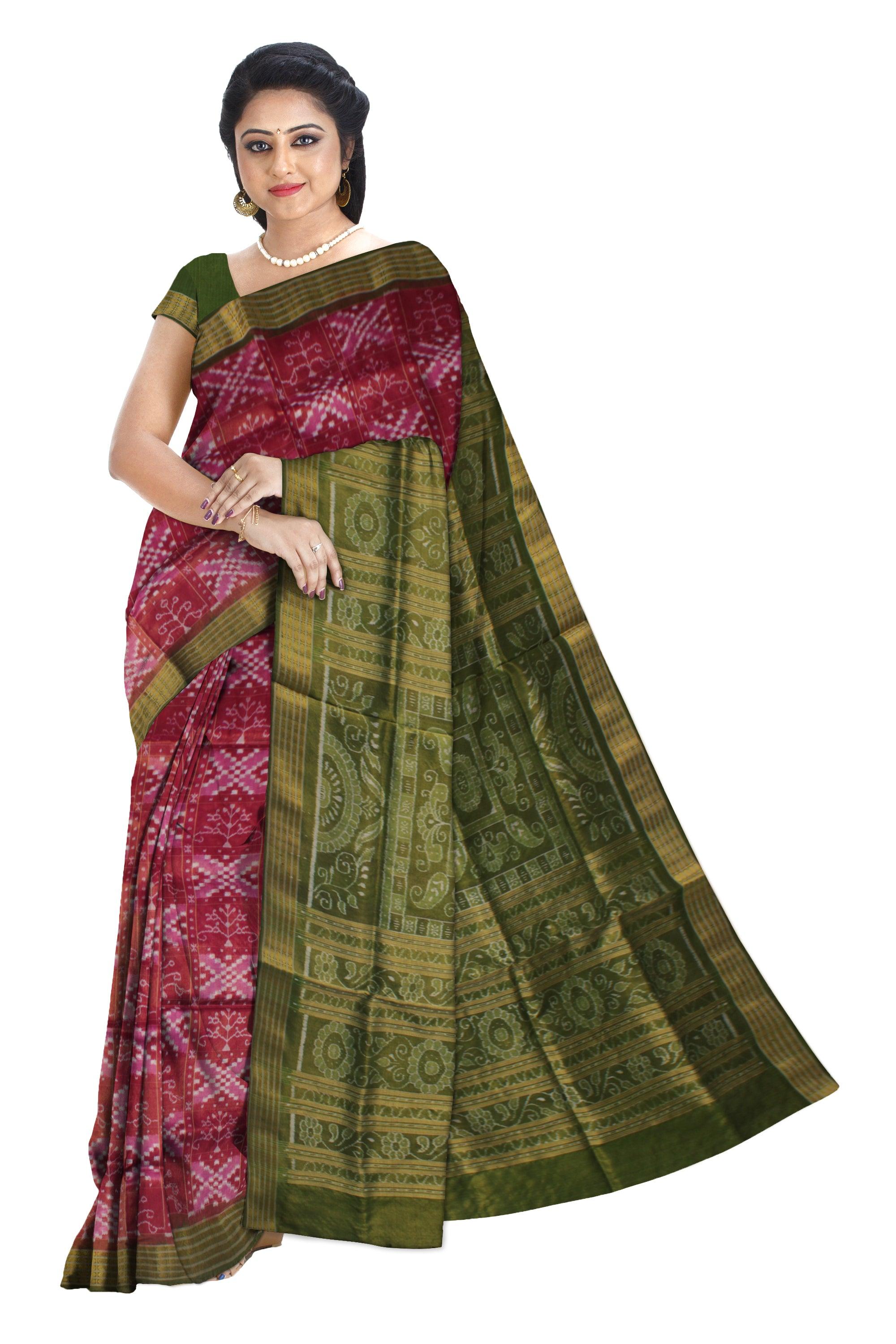 LATEST COLLECTION CROSS AND TREE PATTERN PURE TISSUE SILK SAREE IS  MAROON, PINK AND GREEN COLOR BASE, ATTACHED WITH MATCHING BLOUSE PIECE. - Koshali Arts & Crafts Enterprise