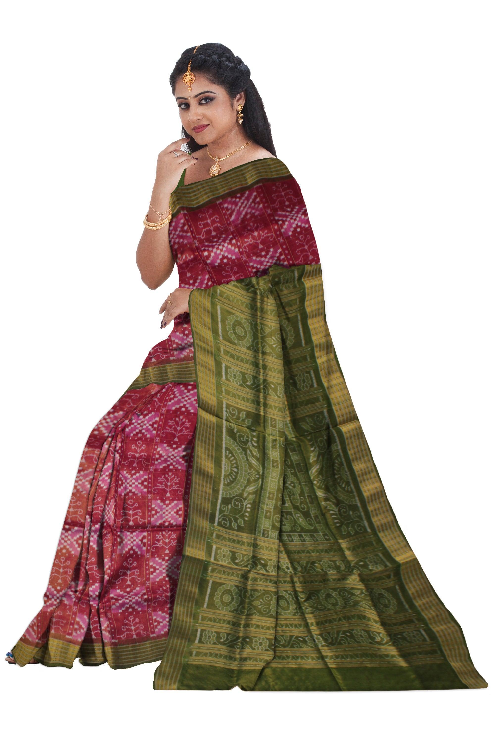 LATEST COLLECTION CROSS AND TREE PATTERN PURE TISSUE SILK SAREE IS  MAROON, PINK AND GREEN COLOR BASE, ATTACHED WITH MATCHING BLOUSE PIECE. - Koshali Arts & Crafts Enterprise