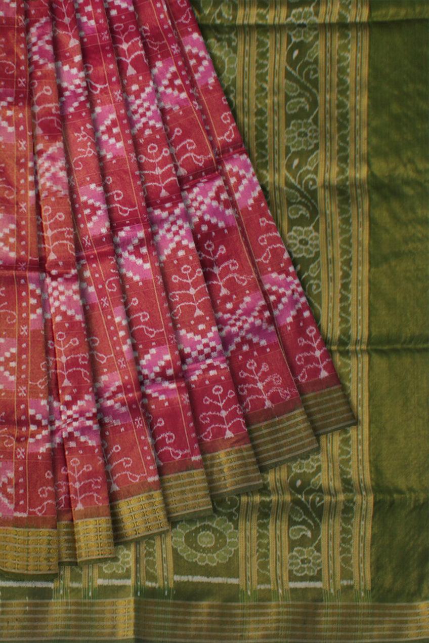 LATEST COLLECTION CROSS AND TREE PATTERN PURE TISSUE SILK SAREE IS  MAROON, PINK AND GREEN COLOR BASE, ATTACHED WITH MATCHING BLOUSE PIECE. - Koshali Arts & Crafts Enterprise