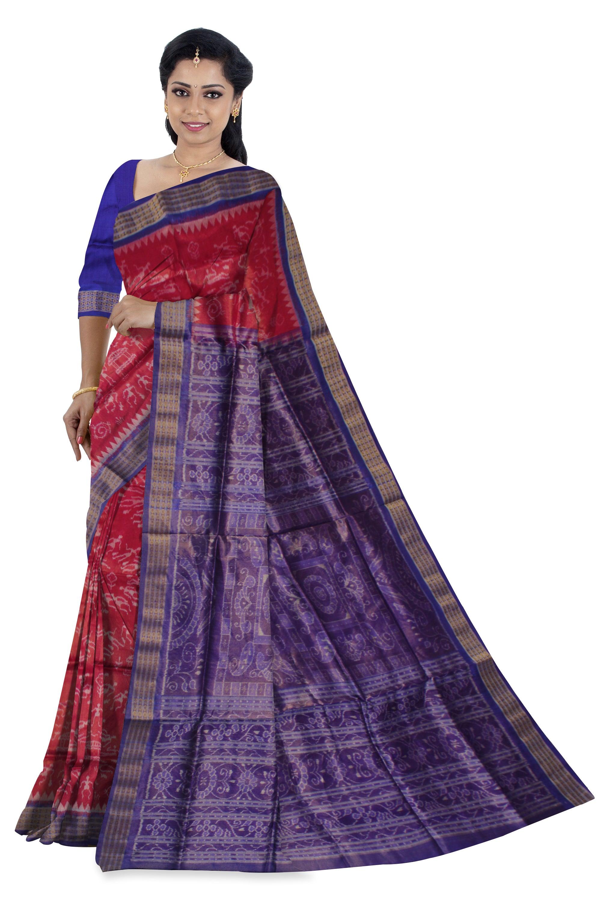 PANCHA KUTI TERRACOTTA PATTERN PURE TISSUE SILK SAREE IS CARMINE AND BLUE COLOR BASE, AVAILABLE WITH MATCHING BLOUSE PIECE. - Koshali Arts & Crafts Enterprise