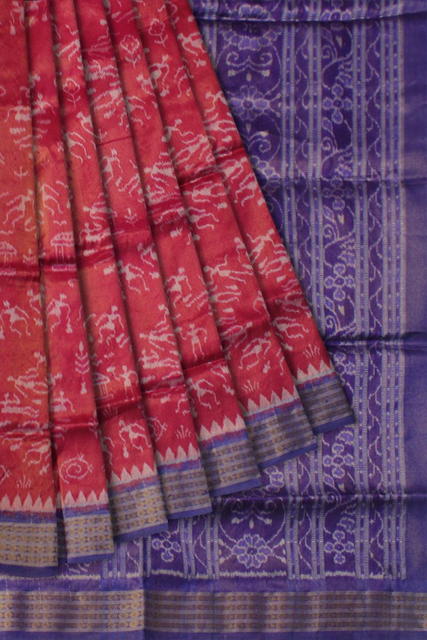 PANCHA KUTI TERRACOTTA PATTERN PURE TISSUE SILK SAREE IS CARMINE AND BLUE COLOR BASE, AVAILABLE WITH MATCHING BLOUSE PIECE. - Koshali Arts & Crafts Enterprise