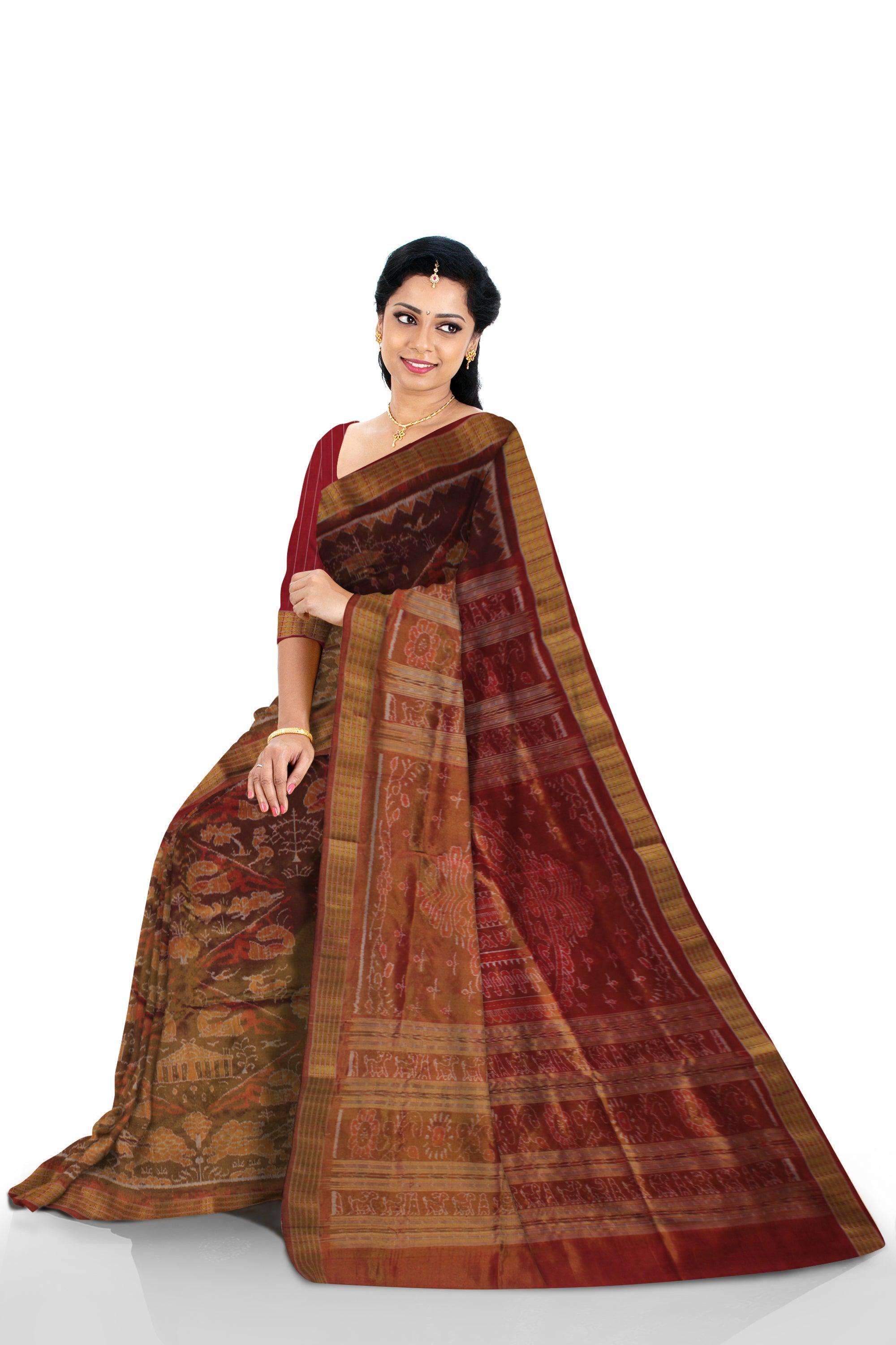 MARRAIGE COLLECTION TRADITIONAL VILLAGE PATTERN PURE TISSUE SILK SAREE IS BROWN AND MAROON COLOR BASE, ATTACHED WITH BLOUSE PIECE. - Koshali Arts & Crafts Enterprise