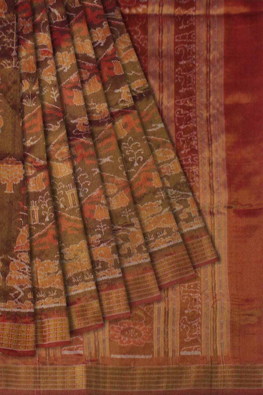 MARRAIGE COLLECTION TRADITIONAL VILLAGE PATTERN PURE TISSUE SILK SAREE IS BROWN AND MAROON COLOR BASE, ATTACHED WITH BLOUSE PIECE. - Koshali Arts & Crafts Enterprise