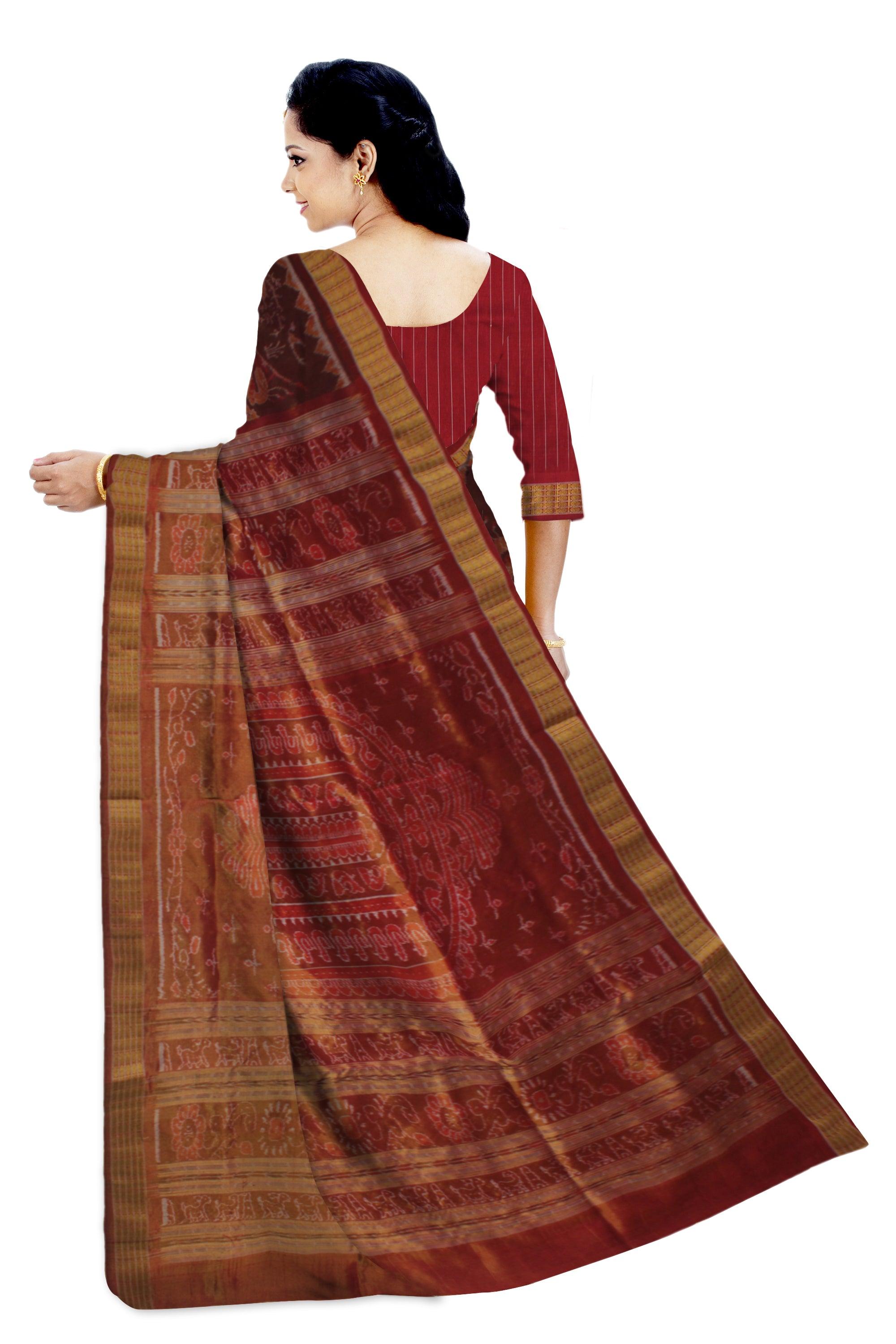 MARRAIGE COLLECTION TRADITIONAL VILLAGE PATTERN PURE TISSUE SILK SAREE IS BROWN AND MAROON COLOR BASE, ATTACHED WITH BLOUSE PIECE. - Koshali Arts & Crafts Enterprise