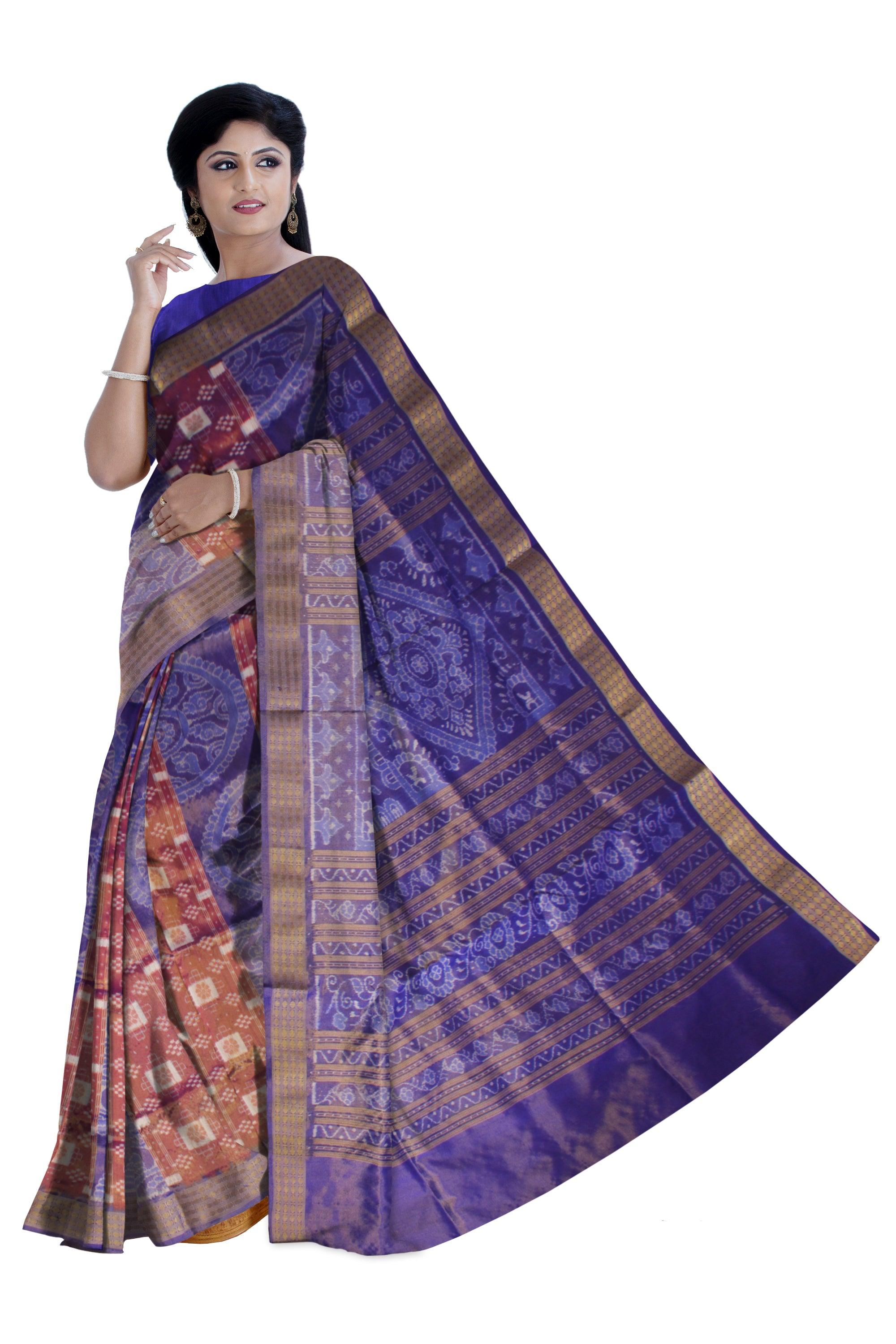 LATEST MARRAIGE COLLECTION PURE TISSUE SILK SAREE IS LIGHT BLUE AND DARK-ORANGE COLOR BASE, COMES WITH MATCHING BLOUSE PIECE. - Koshali Arts & Crafts Enterprise