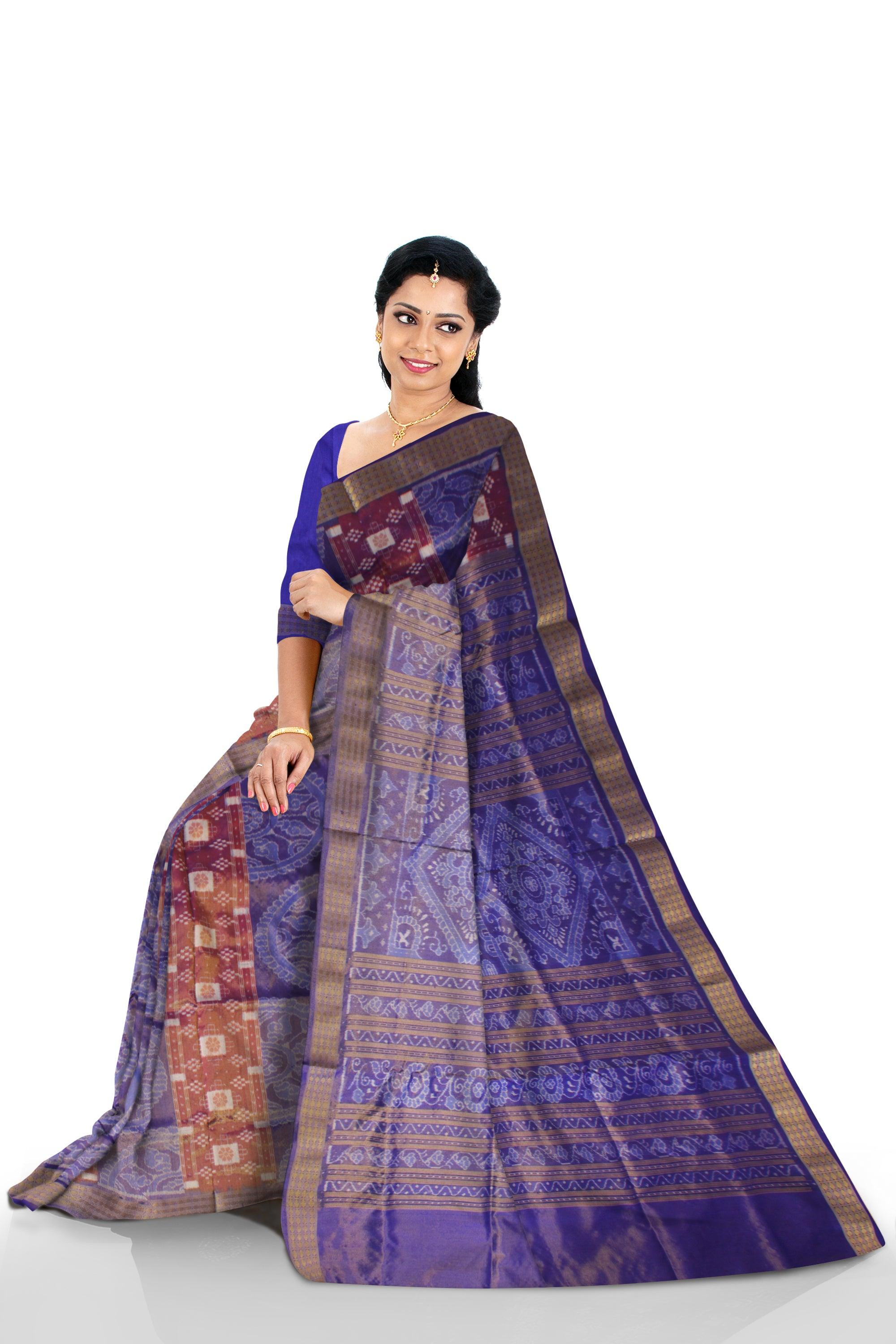 LATEST MARRAIGE COLLECTION PURE TISSUE SILK SAREE IS LIGHT BLUE AND DARK-ORANGE COLOR BASE, COMES WITH MATCHING BLOUSE PIECE. - Koshali Arts & Crafts Enterprise