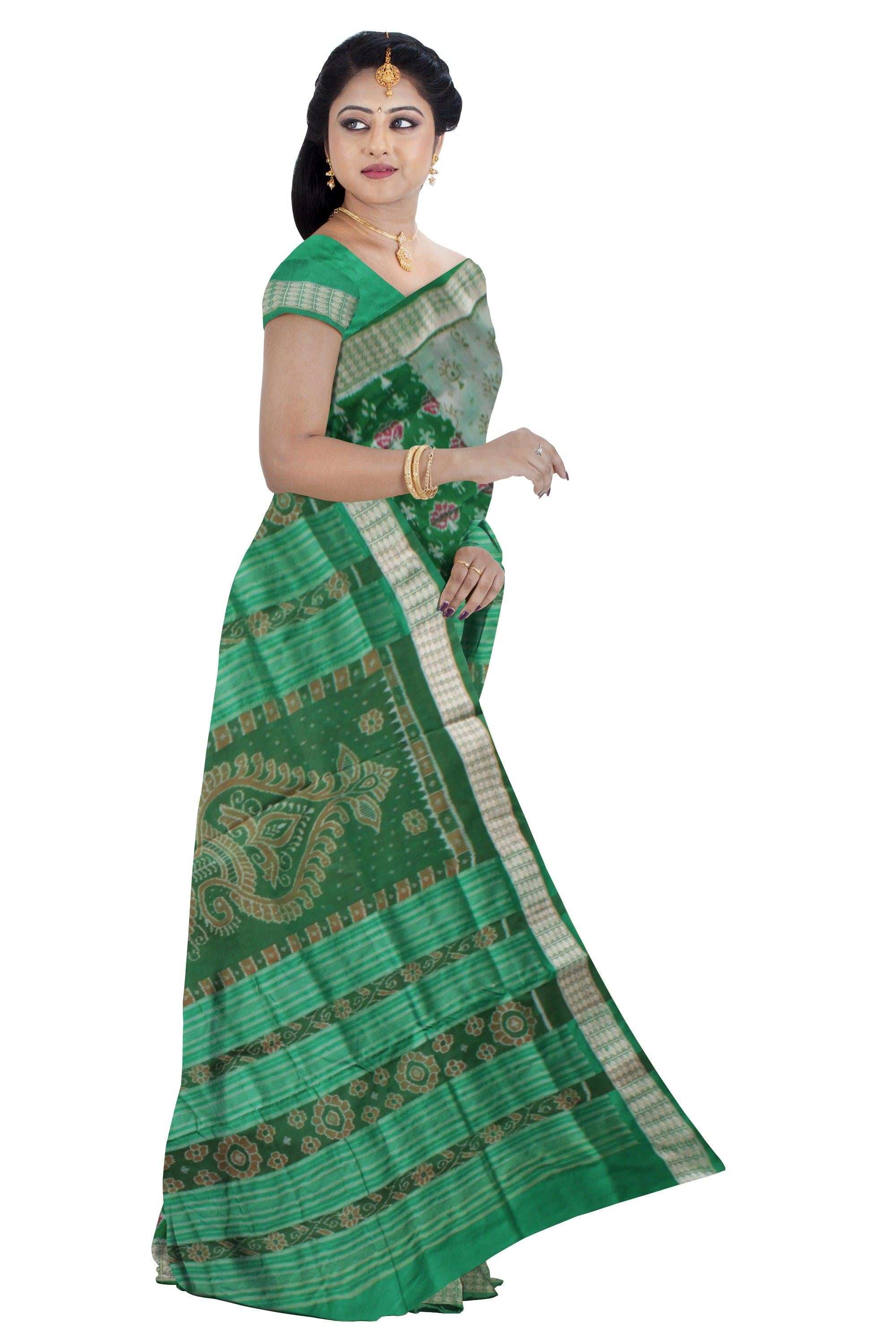 GREEN AND SILVER COLOR TERRACOTTA PATTERN PATA SAREE, WITH MATCHING BLOUSE PIECE. - Koshali Arts & Crafts Enterprise