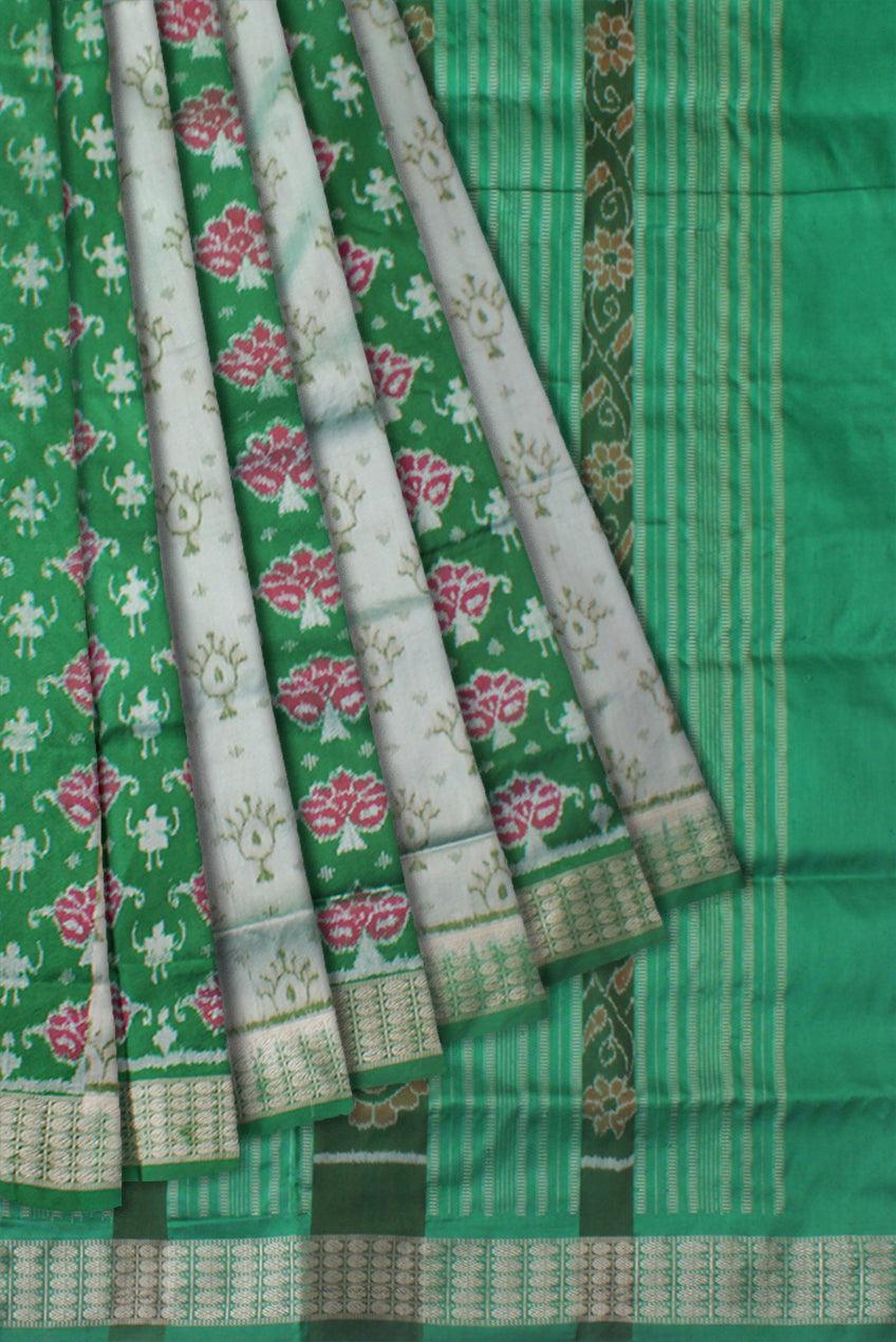 GREEN AND SILVER COLOR TERRACOTTA PATTERN PATA SAREE, WITH MATCHING BLOUSE PIECE. - Koshali Arts & Crafts Enterprise