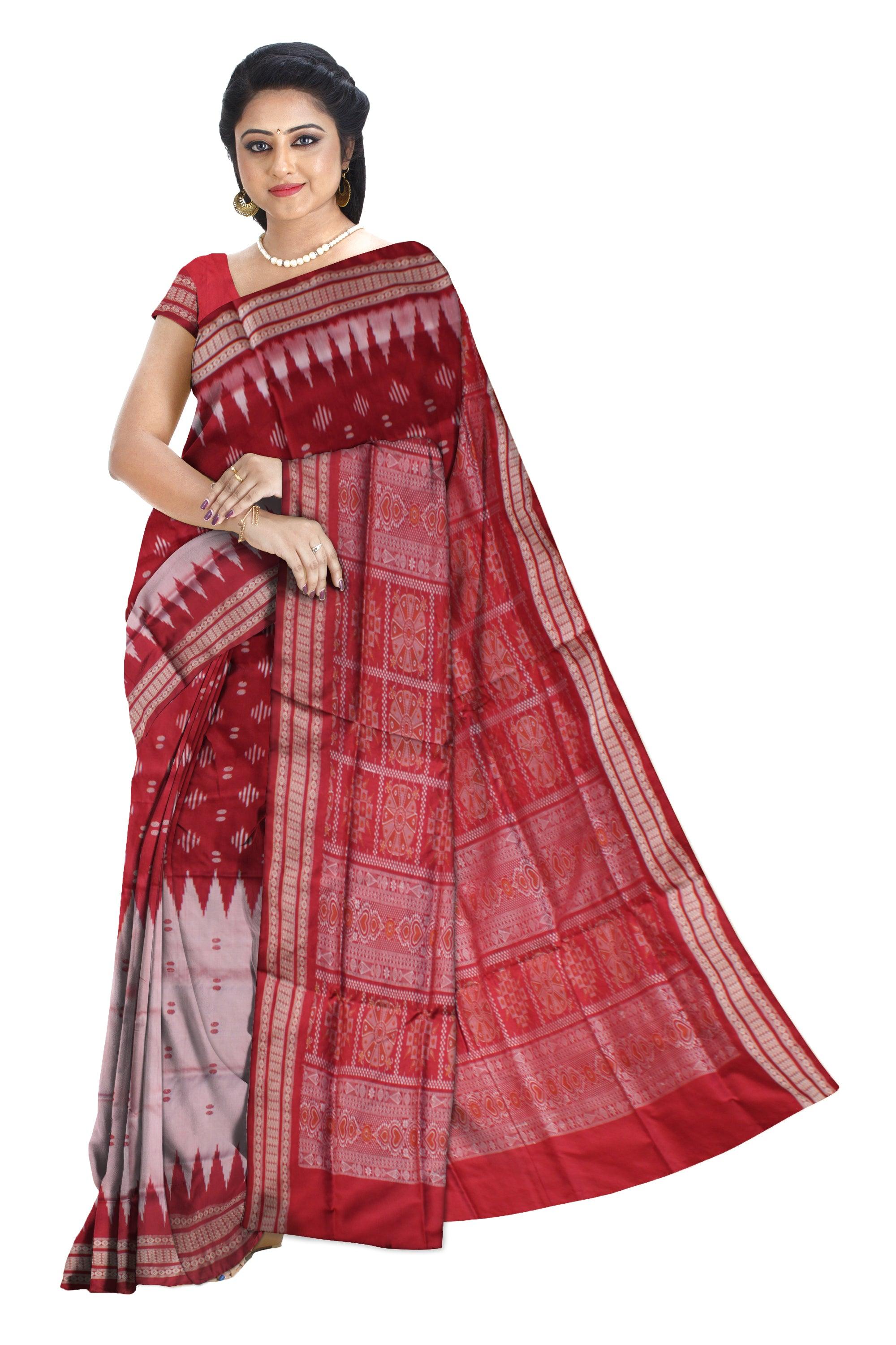 IKAT PATTERN PATA SAREE IS RED AND SILVER COLOR BASE, ATTACHED WITH MATCHING BLOUSE PIECE. - Koshali Arts & Crafts Enterprise