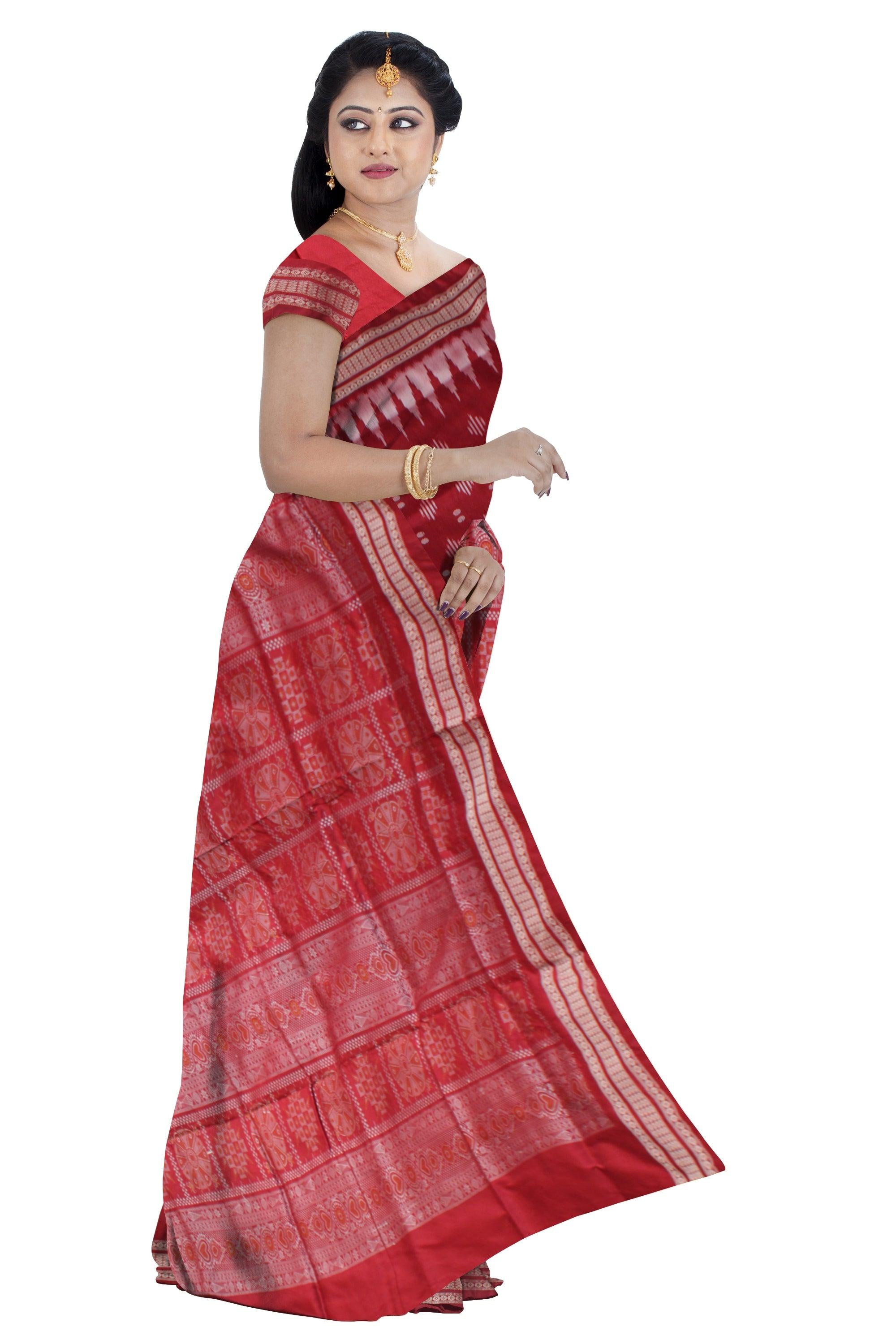 IKAT PATTERN PATA SAREE IS RED AND SILVER COLOR BASE, ATTACHED WITH MATCHING BLOUSE PIECE. - Koshali Arts & Crafts Enterprise