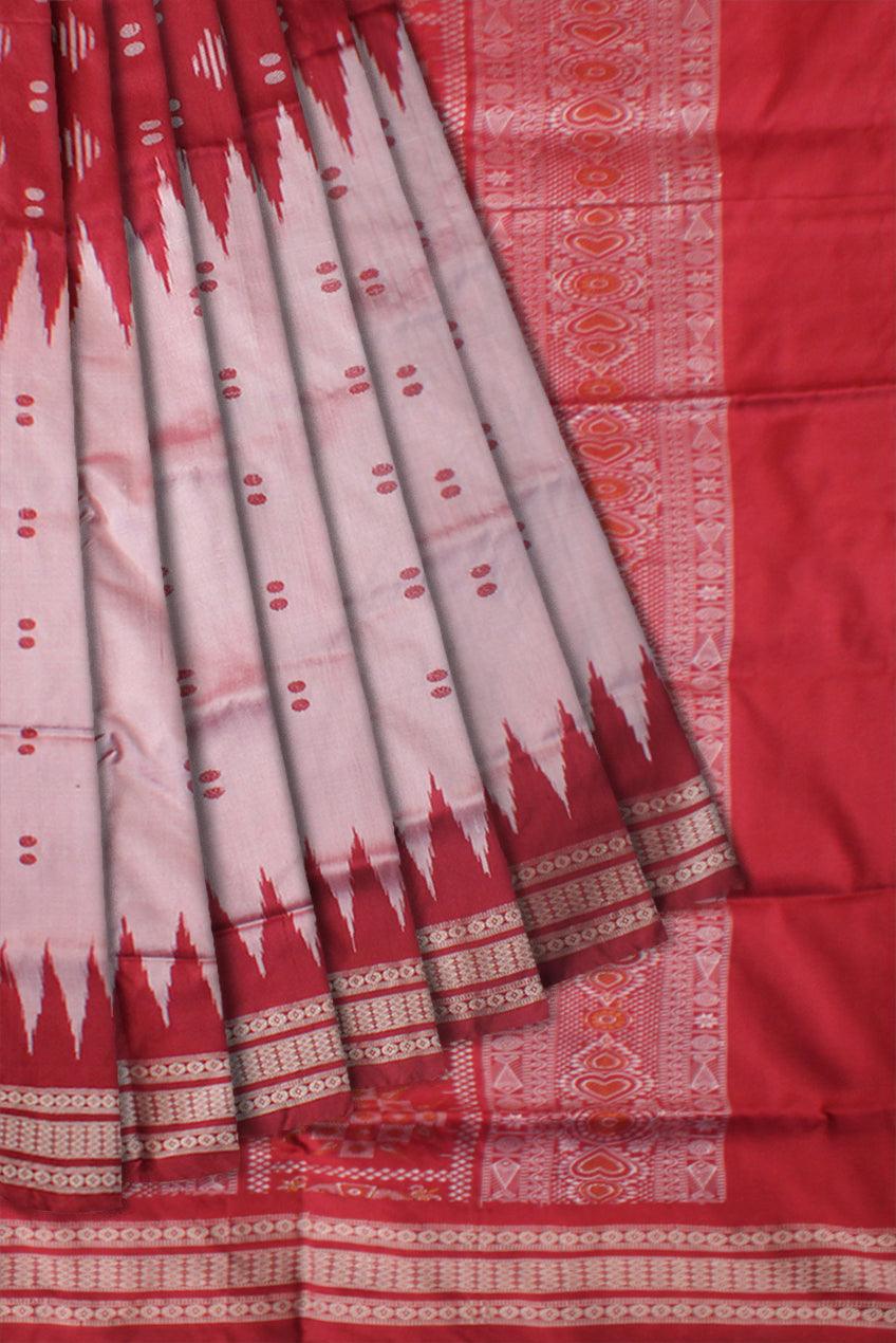 IKAT PATTERN PATA SAREE IS RED AND SILVER COLOR BASE, ATTACHED WITH MATCHING BLOUSE PIECE. - Koshali Arts & Crafts Enterprise