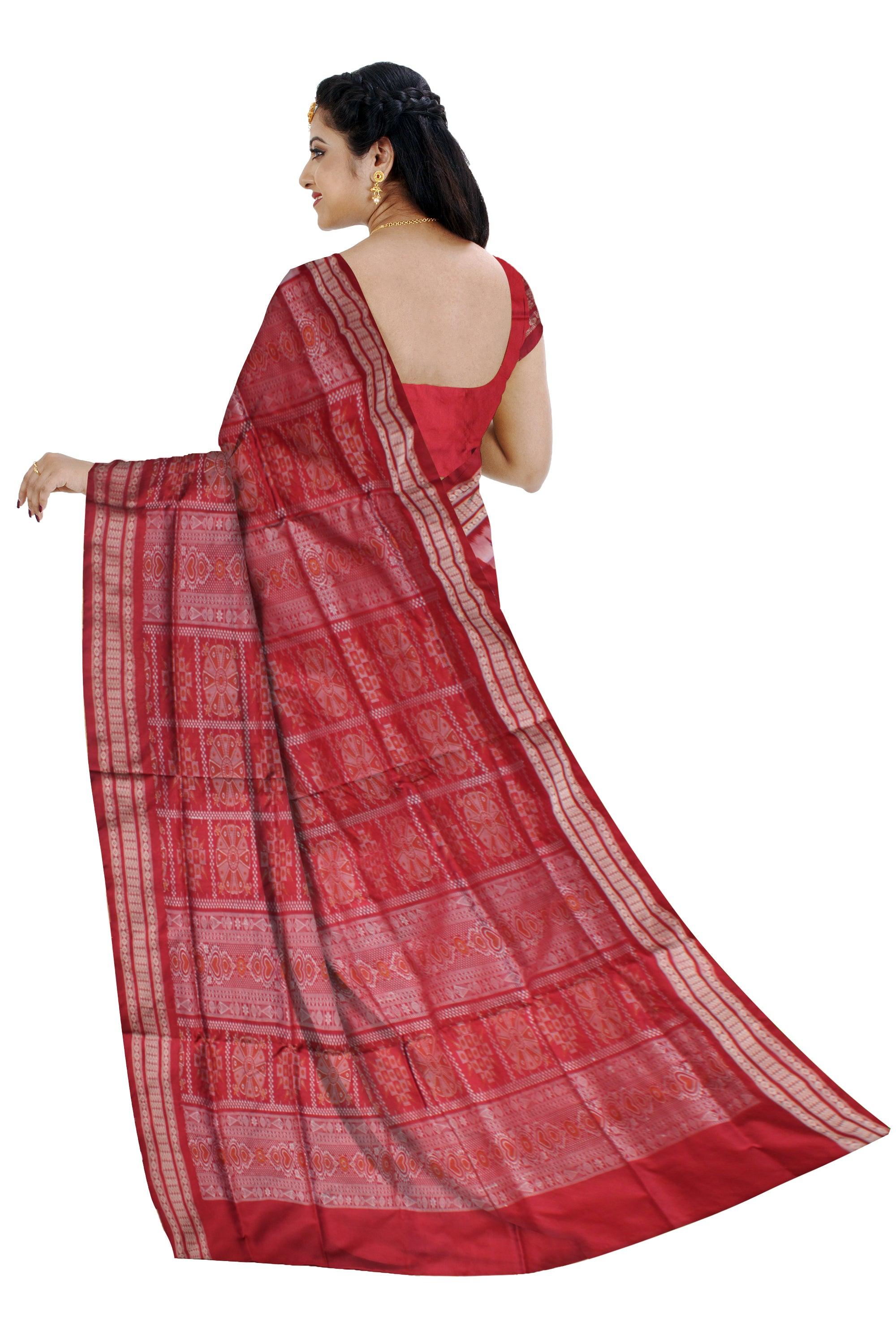 IKAT PATTERN PATA SAREE IS RED AND SILVER COLOR BASE, ATTACHED WITH MATCHING BLOUSE PIECE. - Koshali Arts & Crafts Enterprise
