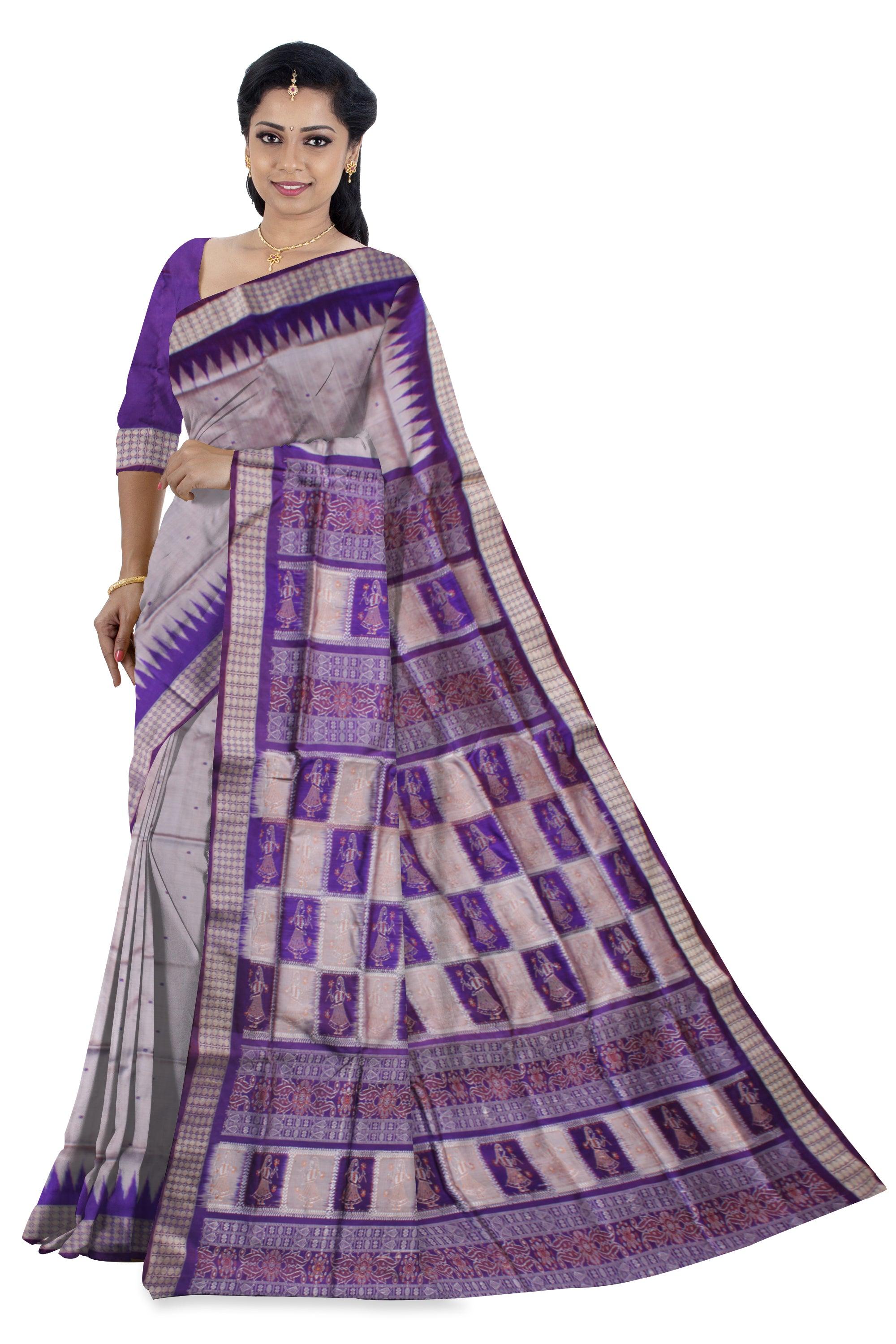 DOUBLE COLOR COMBINATION PALLU DOLL PRINT PATA SAREE IS SILVER AND PURPLE COLOR BASE, COMES WITH MATCHING BLOUSE PIECE. - Koshali Arts & Crafts Enterprise