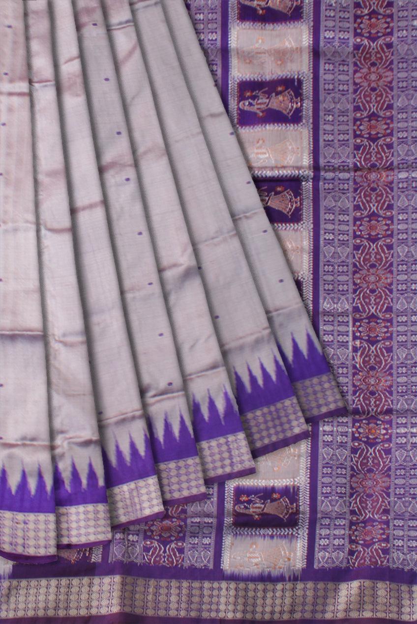 DOUBLE COLOR COMBINATION PALLU DOLL PRINT PATA SAREE IS SILVER AND PURPLE COLOR BASE, COMES WITH MATCHING BLOUSE PIECE. - Koshali Arts & Crafts Enterprise