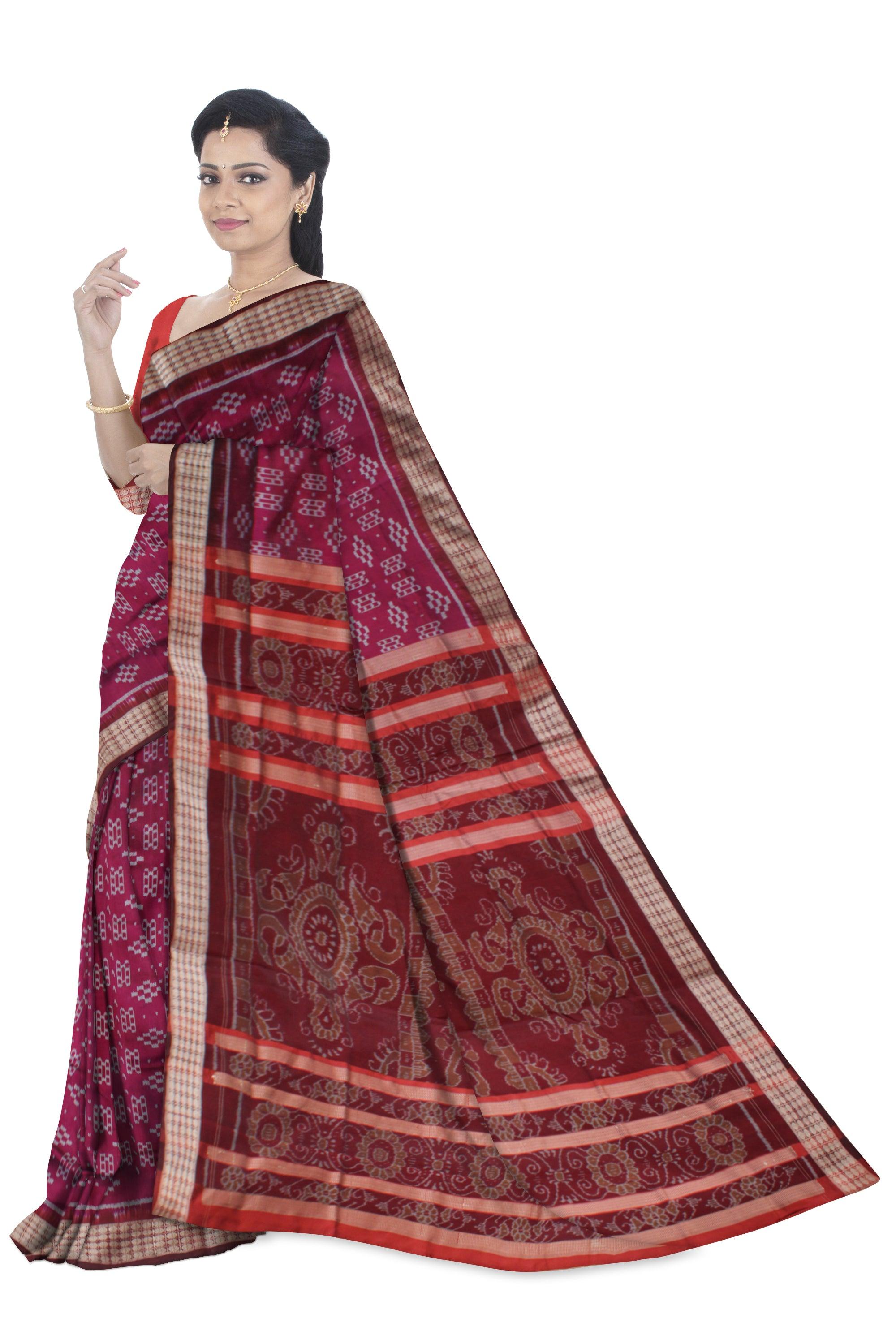 TRADITIONAL PASAPALI PATTERN PATA SAREE IS DARK-PINK AND MAROON COLOR BASE,COMES WITH MATCHING BLOUSE PIECE. - Koshali Arts & Crafts Enterprise