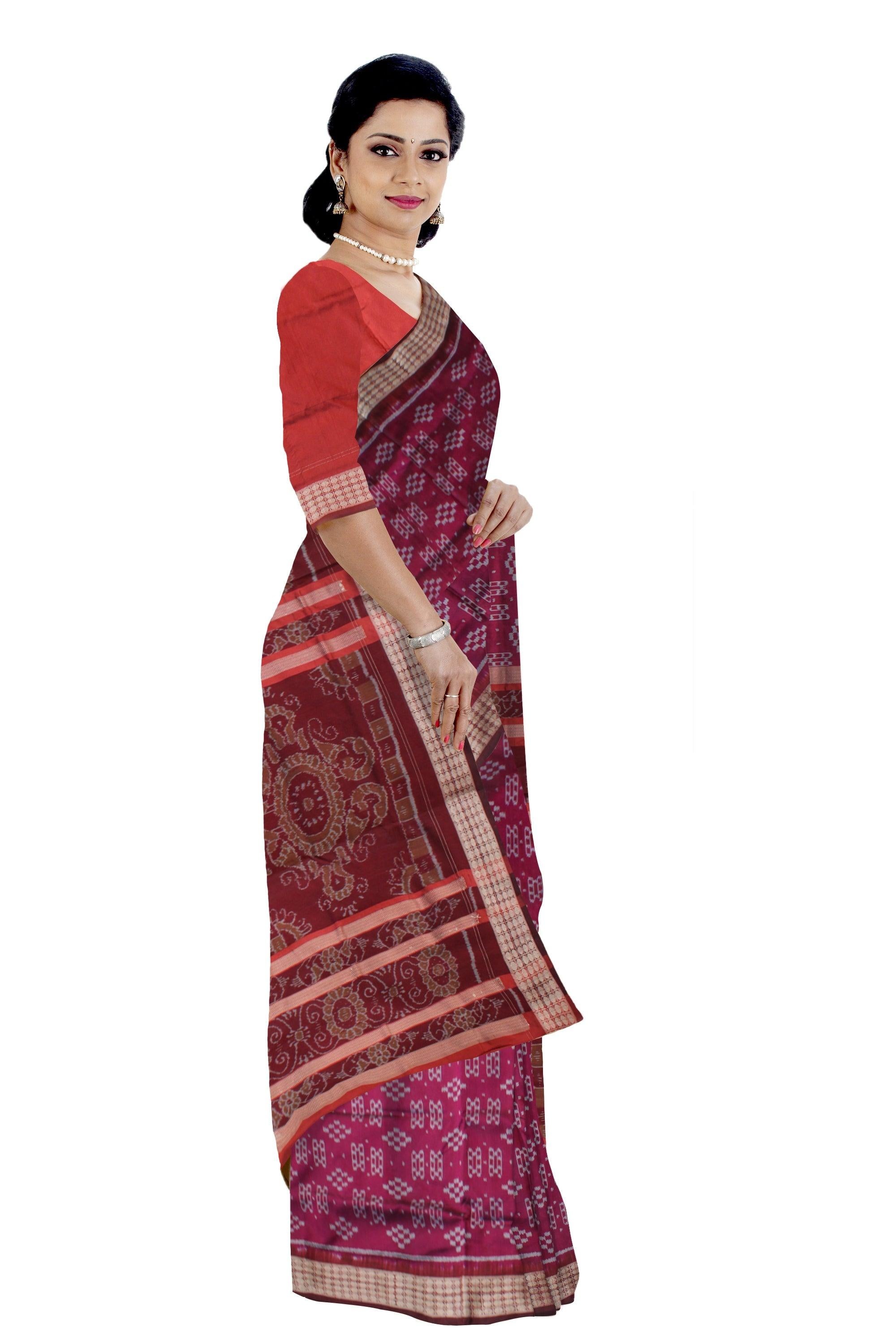 TRADITIONAL PASAPALI PATTERN PATA SAREE IS DARK-PINK AND MAROON COLOR BASE,COMES WITH MATCHING BLOUSE PIECE. - Koshali Arts & Crafts Enterprise