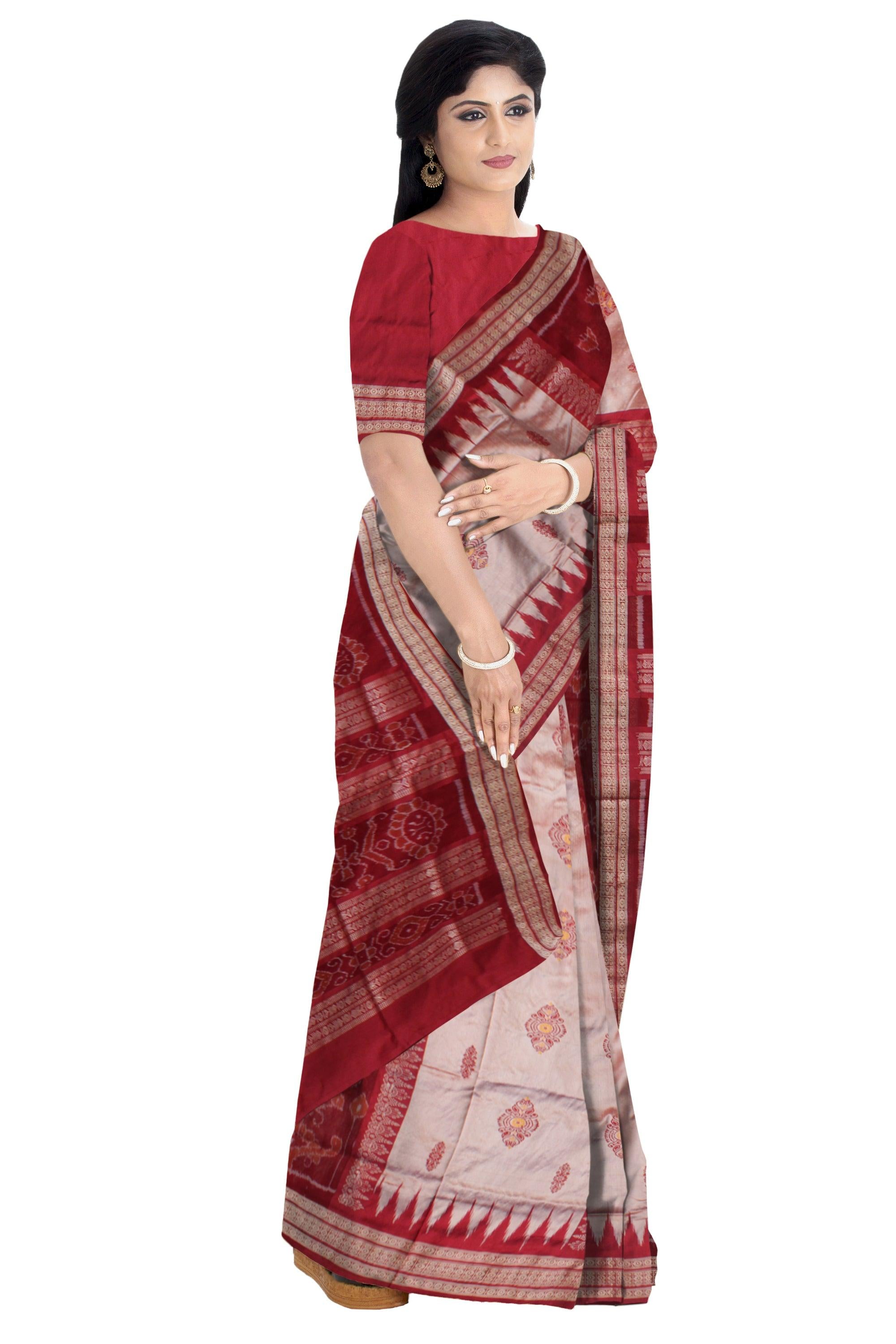 PEACOCK PRINT BOMKEI PATTERN PATA SAREE IS SILVER AND MAROON COLOR BASE,COMES WITH MATCHING BLOUSE PIECE. - Koshali Arts & Crafts Enterprise