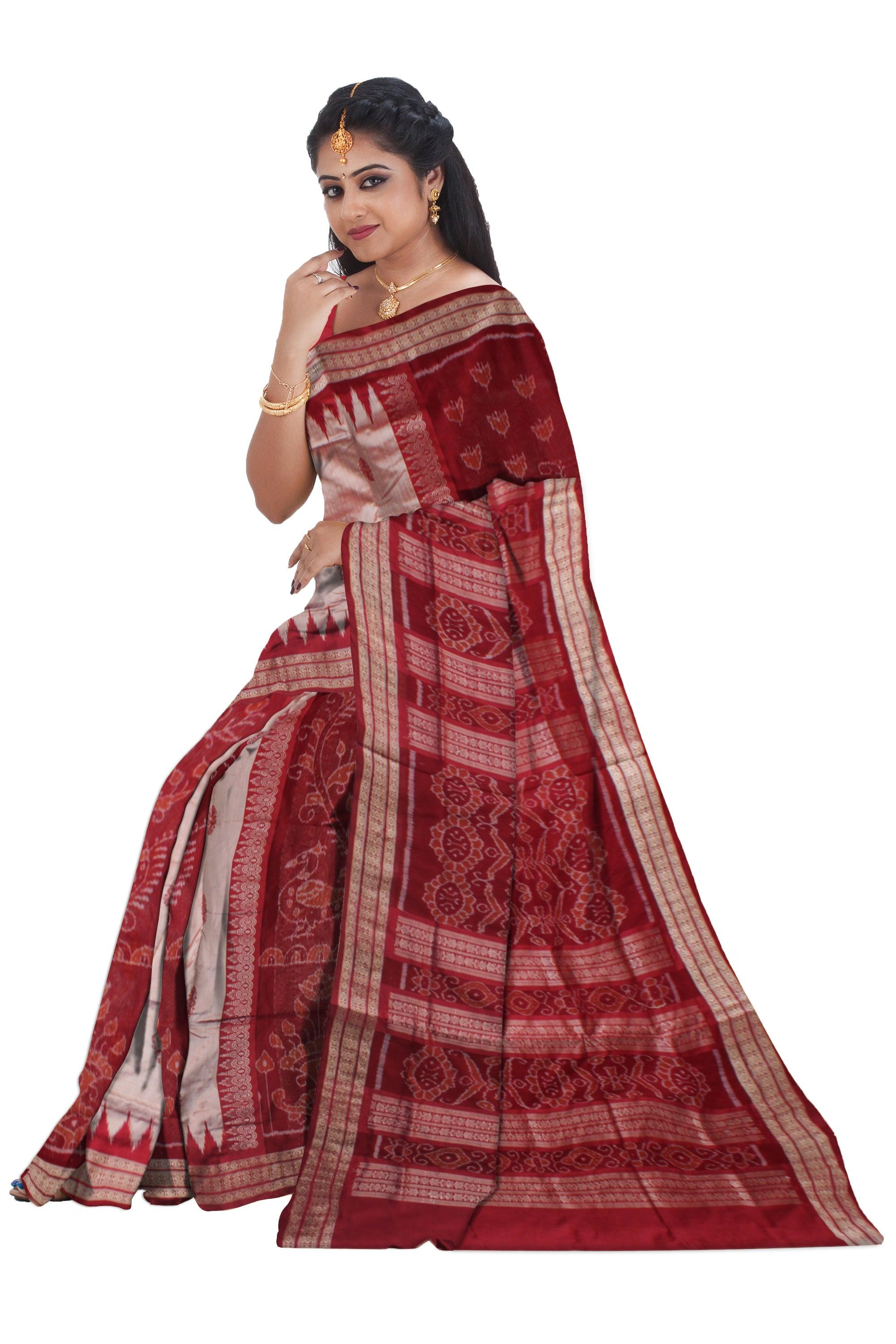 PEACOCK PRINT BOMKEI PATTERN PATA SAREE IS SILVER AND MAROON COLOR BASE,COMES WITH MATCHING BLOUSE PIECE. - Koshali Arts & Crafts Enterprise