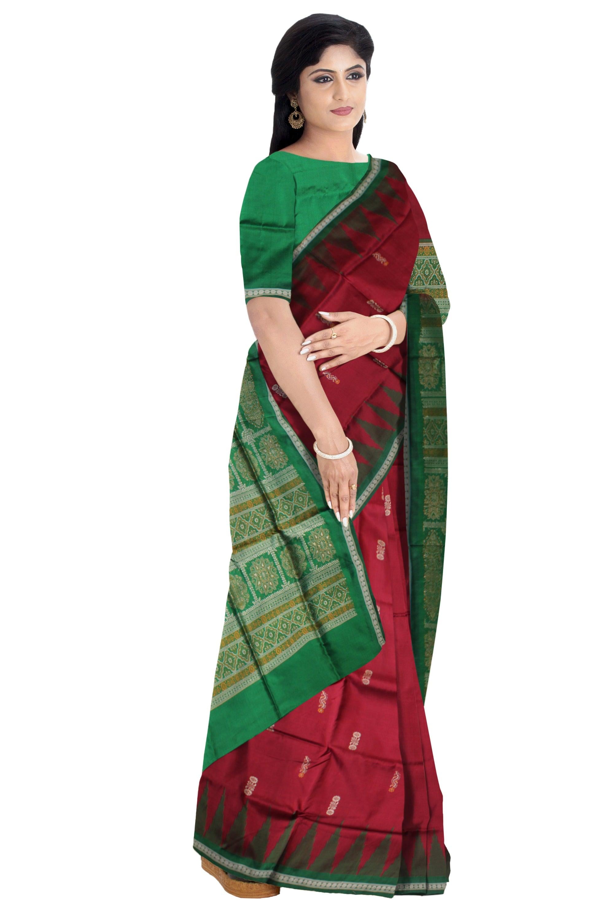 PALLU BOMKEI PRINT PLAIN PATA SAREE IS MAROON AND GREEN COLOR BASE,COMES WITH MATCHING BLOUSE PIECE. - Koshali Arts & Crafts Enterprise