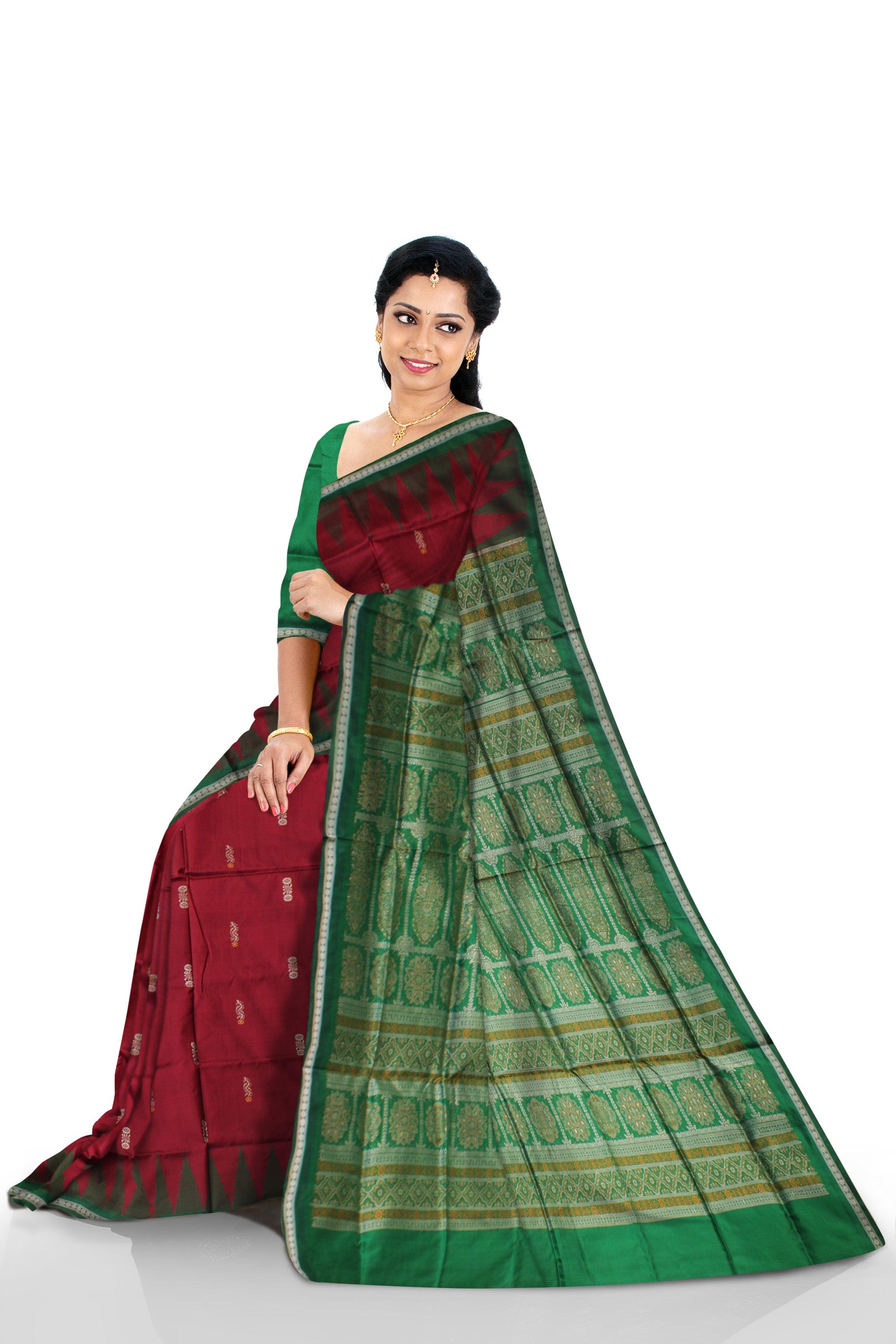 PALLU BOMKEI PRINT PLAIN PATA SAREE IS MAROON AND GREEN COLOR BASE,COMES WITH MATCHING BLOUSE PIECE. - Koshali Arts & Crafts Enterprise
