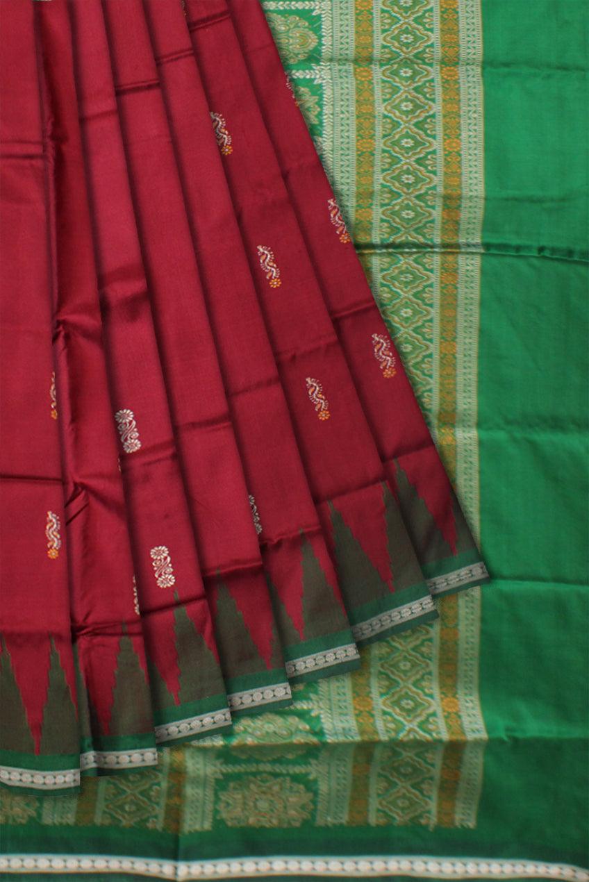 PALLU BOMKEI PRINT PLAIN PATA SAREE IS MAROON AND GREEN COLOR BASE,COMES WITH MATCHING BLOUSE PIECE. - Koshali Arts & Crafts Enterprise