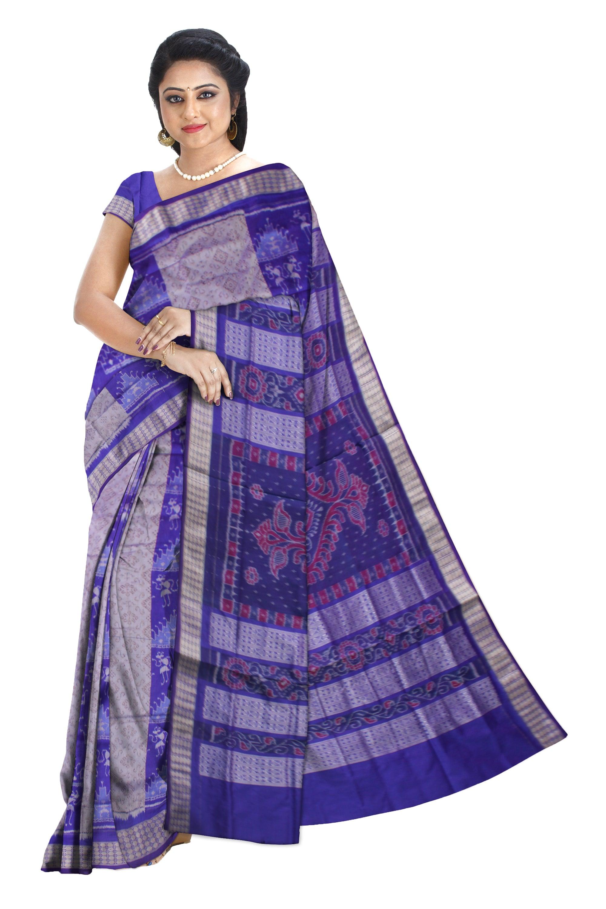 TRADITIONAL TERRACOTTA PATTERN PATA SAREE IS BLUE AND SILVER COLOR BASE, COMES WITH MATCHING BLOUSE PIECE. - Koshali Arts & Crafts Enterprise