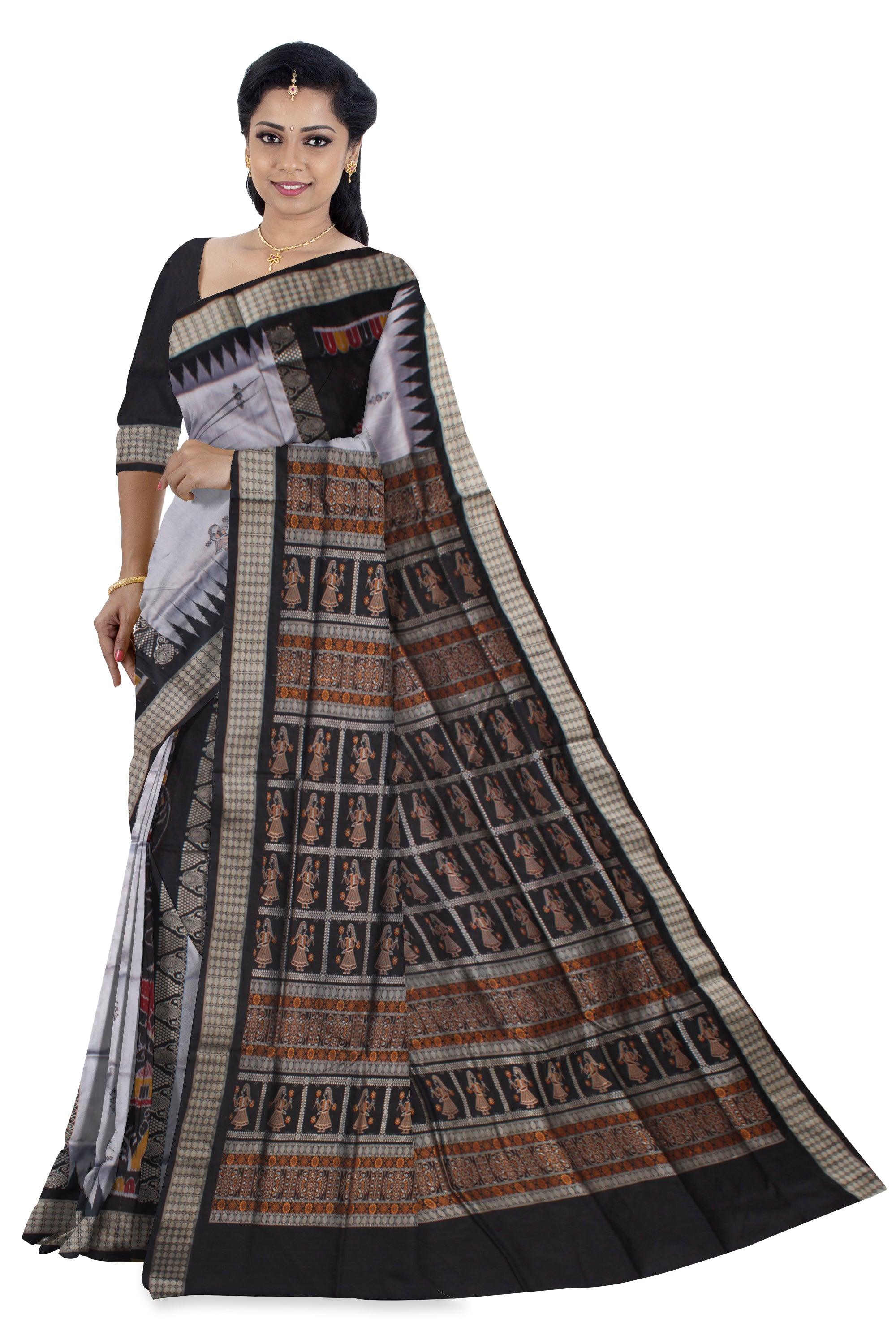 NEW ARRIVAL SILVER AND BLACK COLOR DOLL PRINT BOMKEI PATA SAREE, WITH MATCHING BLOUSE PIECE. - Koshali Arts & Crafts Enterprise