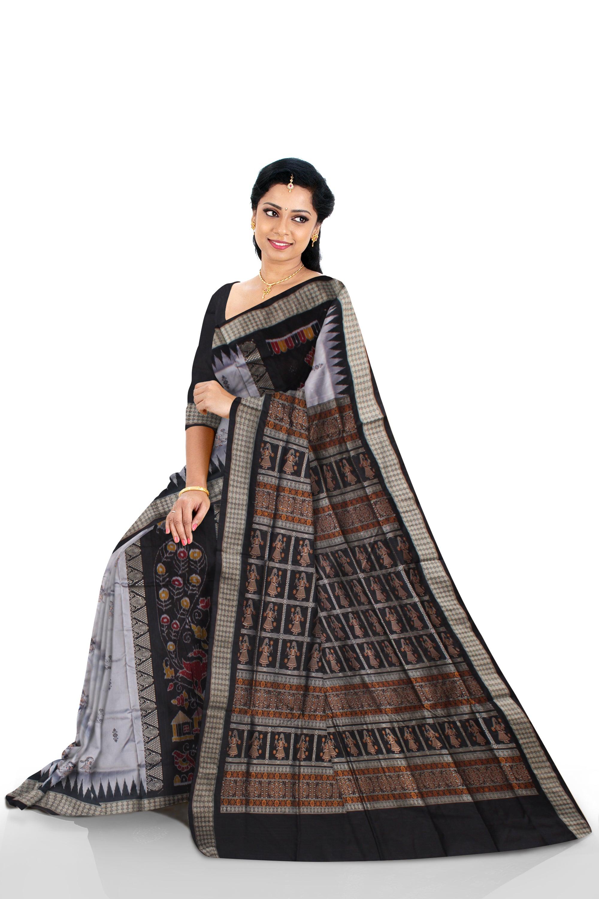 NEW ARRIVAL SILVER AND BLACK COLOR DOLL PRINT BOMKEI PATA SAREE, WITH MATCHING BLOUSE PIECE. - Koshali Arts & Crafts Enterprise