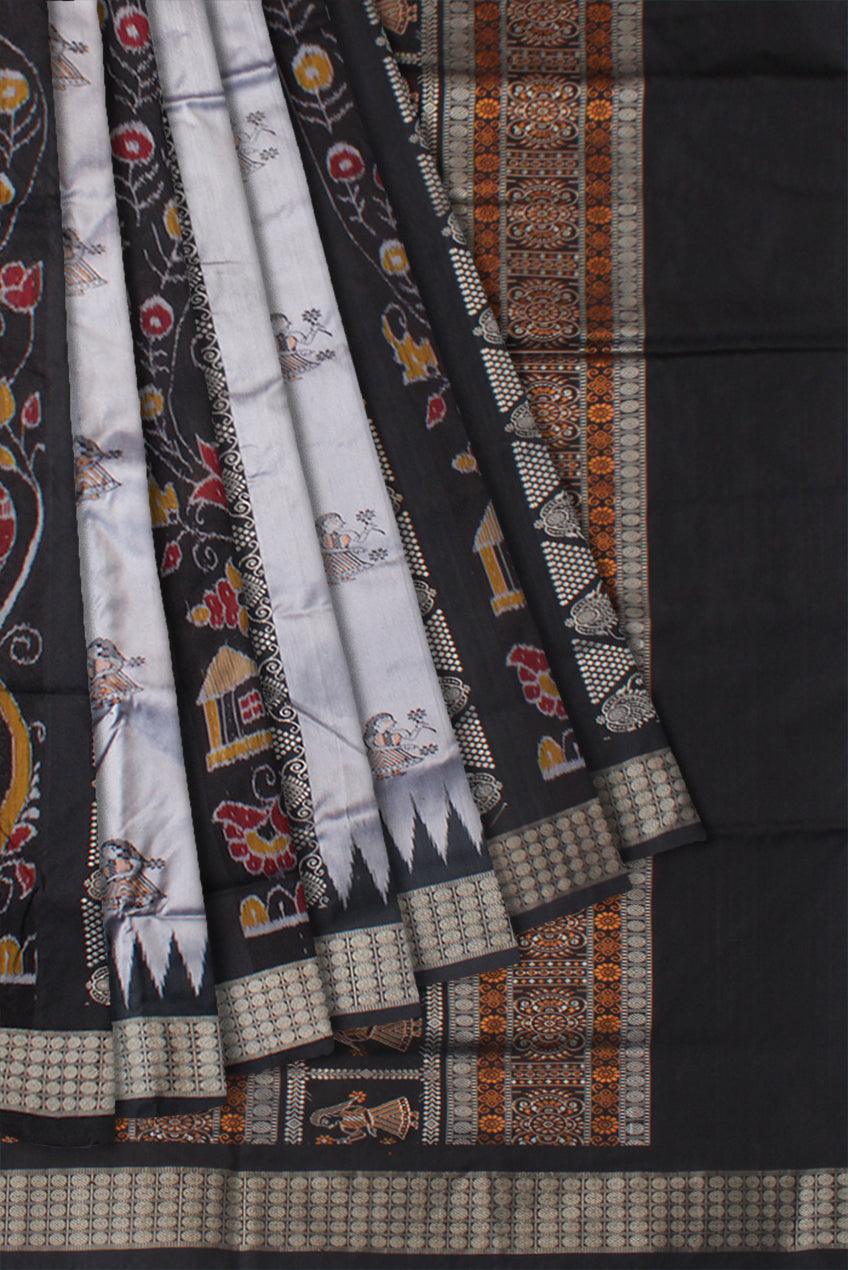NEW ARRIVAL SILVER AND BLACK COLOR DOLL PRINT BOMKEI PATA SAREE, WITH MATCHING BLOUSE PIECE. - Koshali Arts & Crafts Enterprise