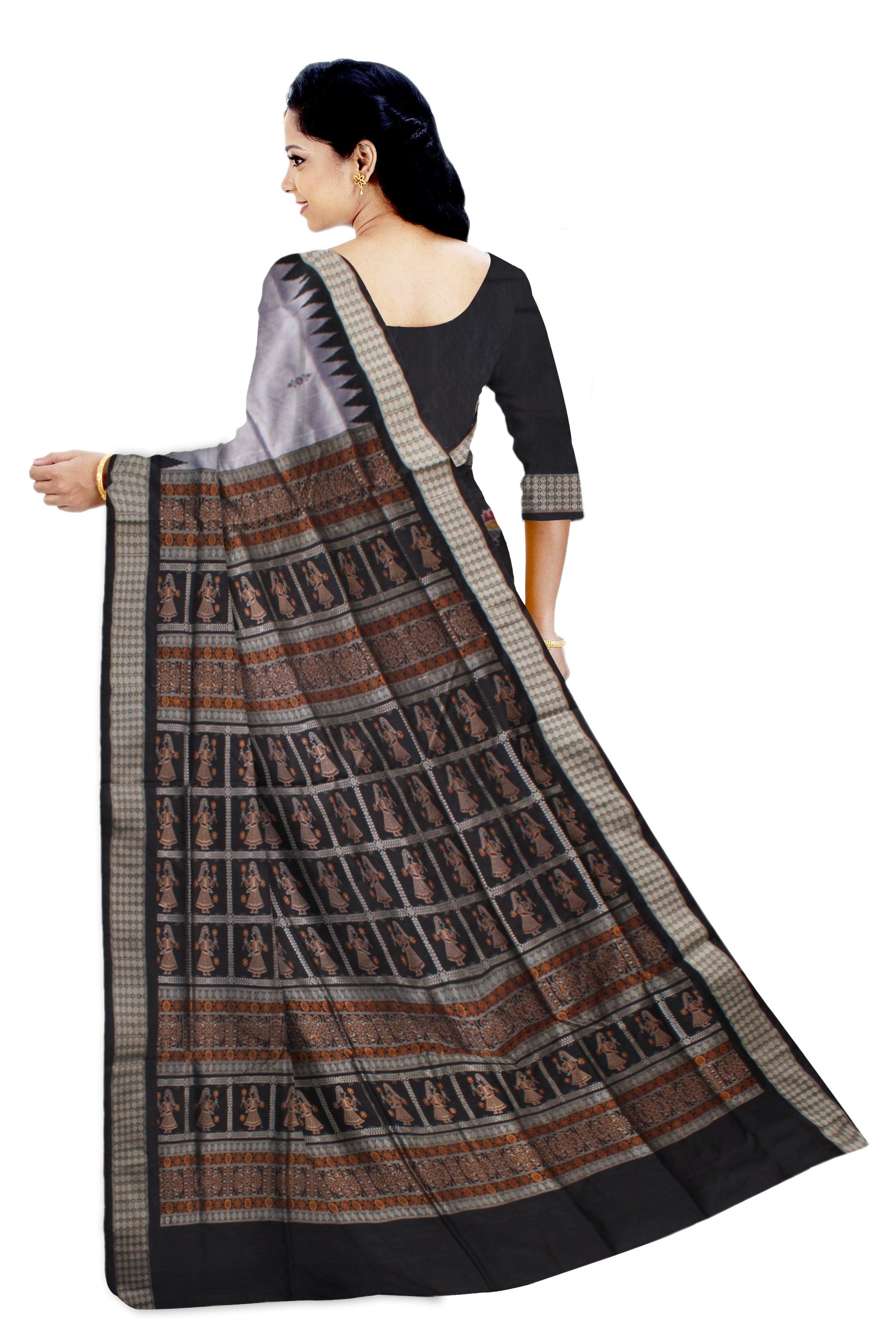 NEW ARRIVAL SILVER AND BLACK COLOR DOLL PRINT BOMKEI PATA SAREE, WITH MATCHING BLOUSE PIECE. - Koshali Arts & Crafts Enterprise