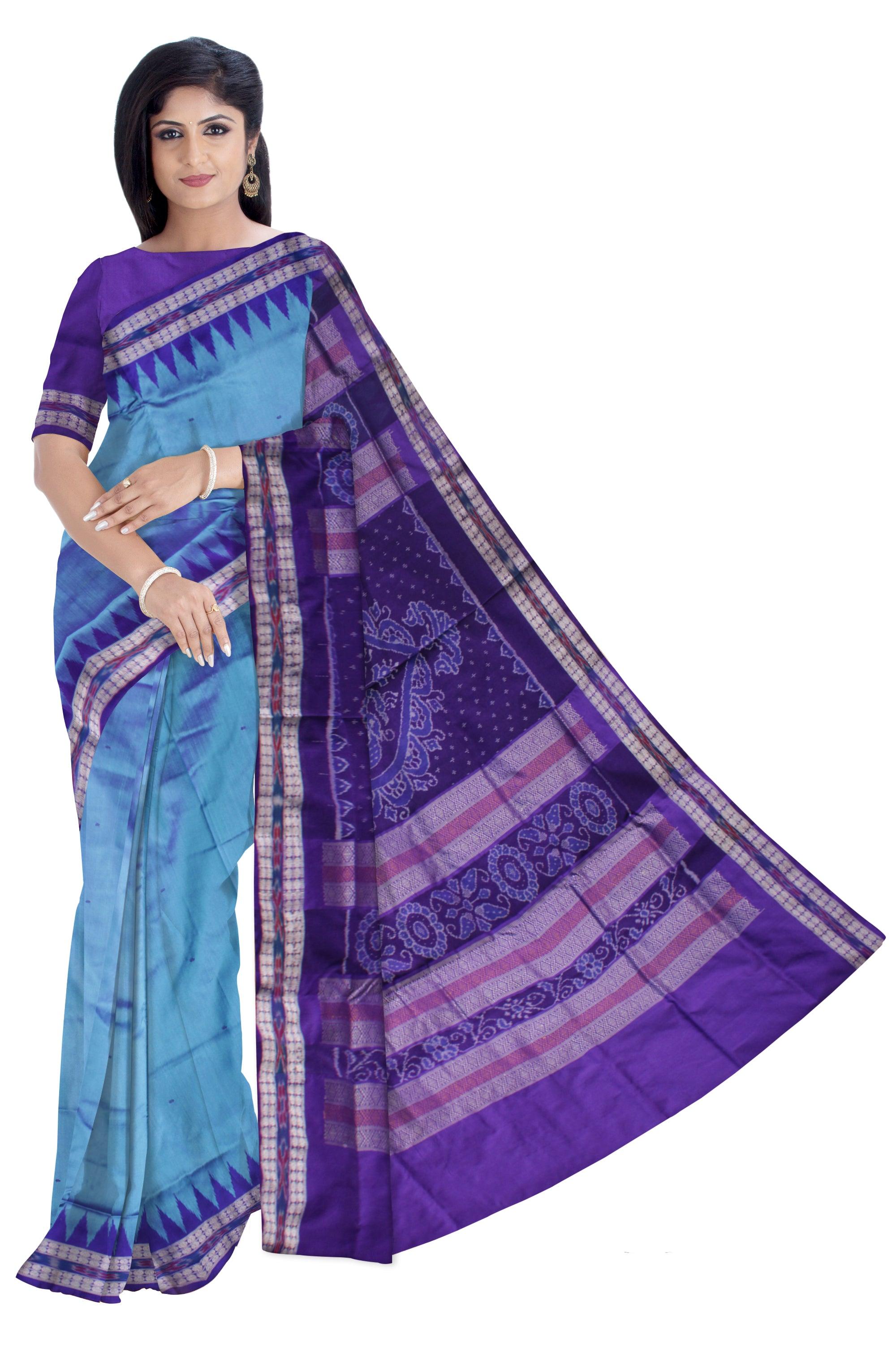 SKY AND BLUE COLOR SMALL BOOTY PATTERN PATA SAREE, WITH BLOUSE PIECE. - Koshali Arts & Crafts Enterprise