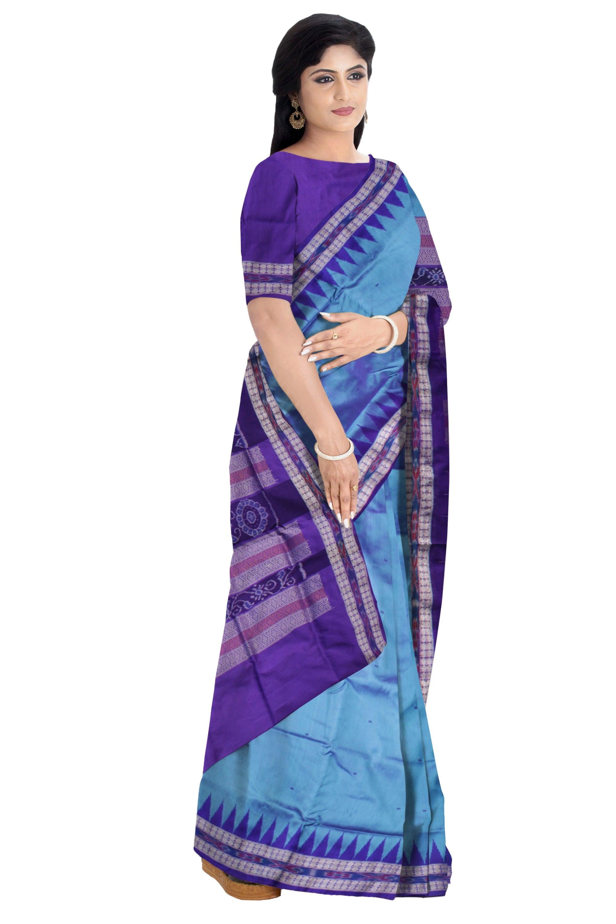 SKY AND BLUE COLOR SMALL BOOTY PATTERN PATA SAREE, WITH BLOUSE PIECE. - Koshali Arts & Crafts Enterprise