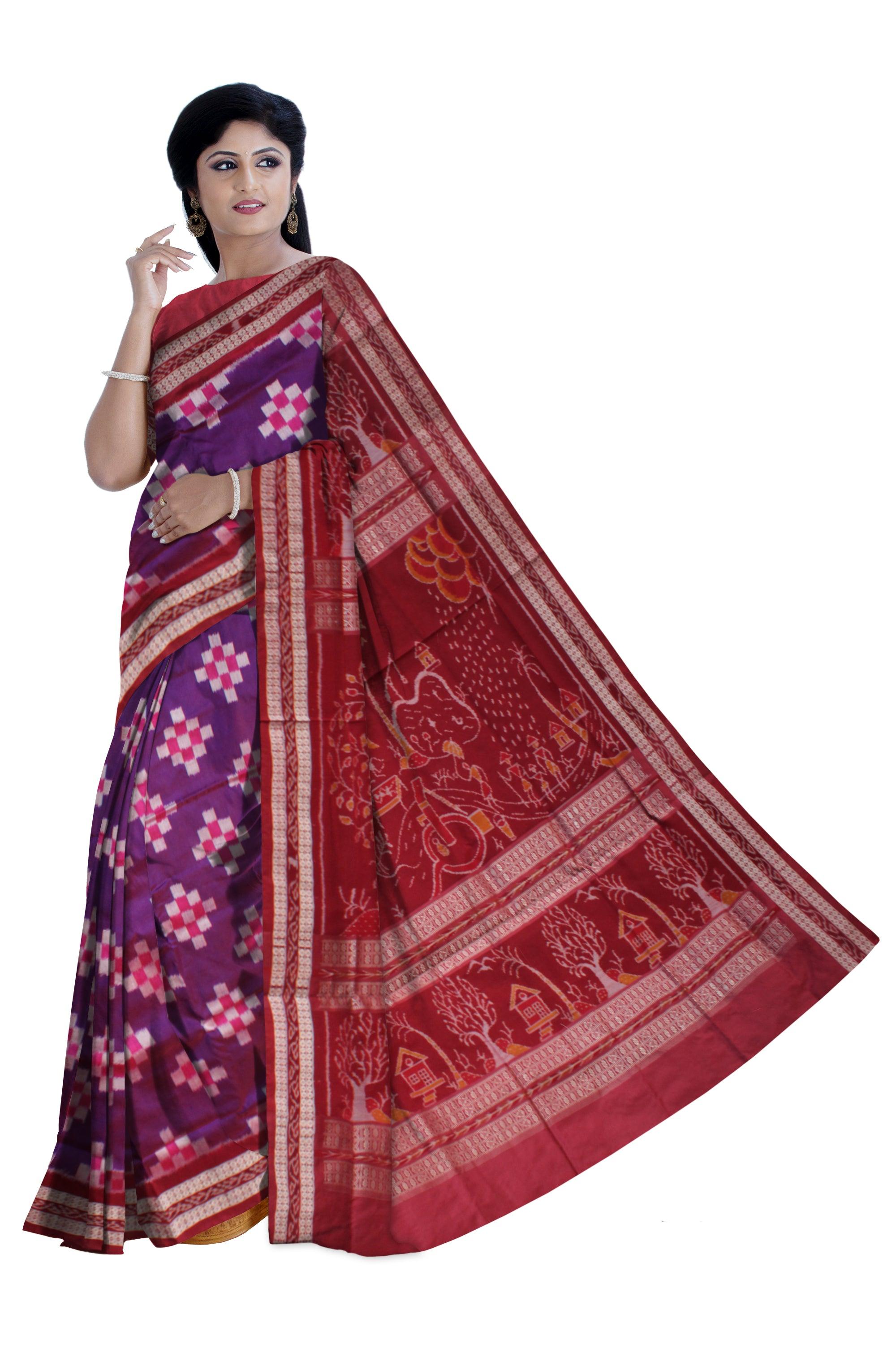 PALLU TRADITIONAL VILLAGE PATTERN PASAPALI PATA SAREE IS PURPLE AND MAROON COLOR BASE, AVAILABLE WITH MATCHING BLOUSE PIECE. - Koshali Arts & Crafts Enterprise