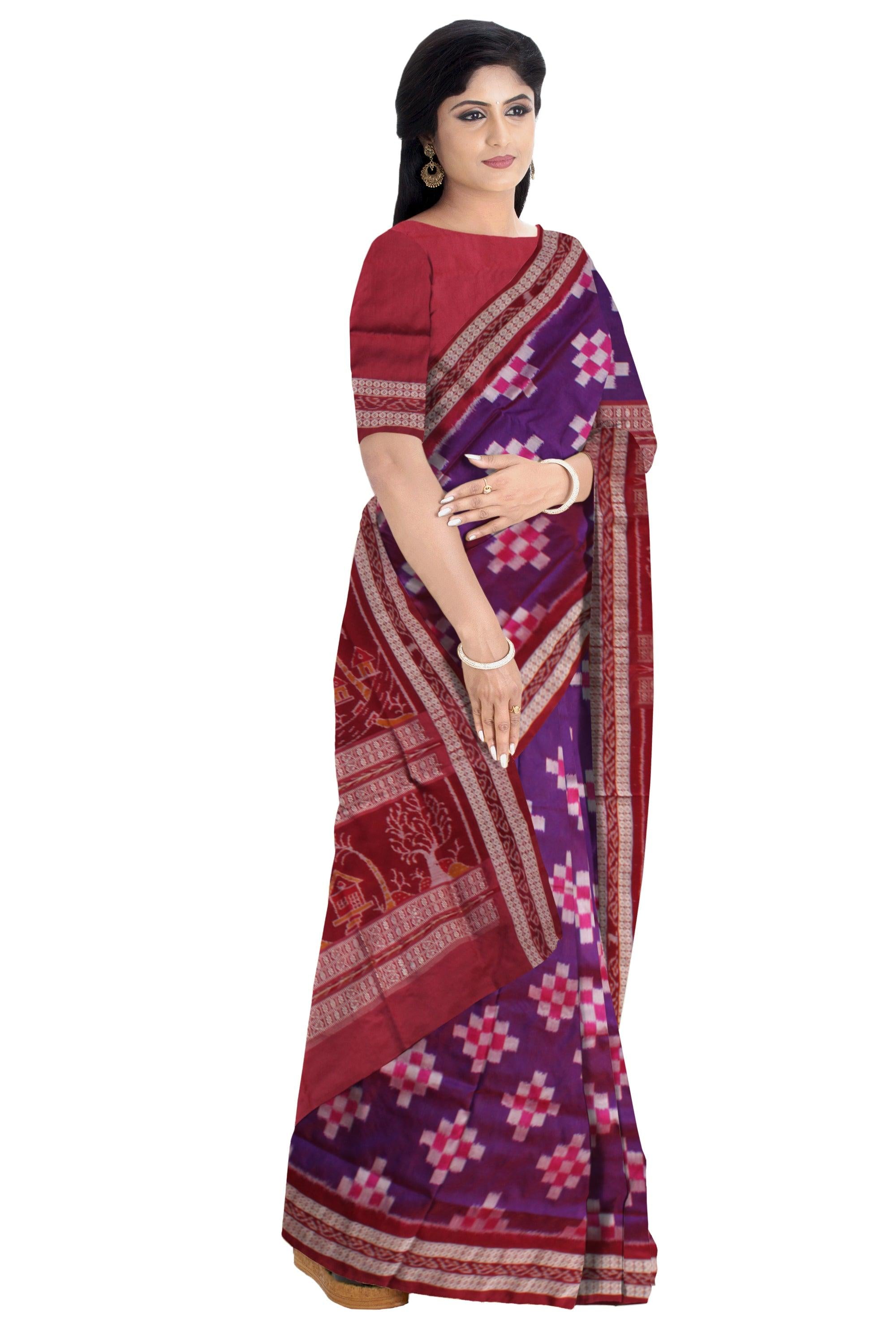 PALLU TRADITIONAL VILLAGE PATTERN PASAPALI PATA SAREE IS PURPLE AND MAROON COLOR BASE, AVAILABLE WITH MATCHING BLOUSE PIECE. - Koshali Arts & Crafts Enterprise