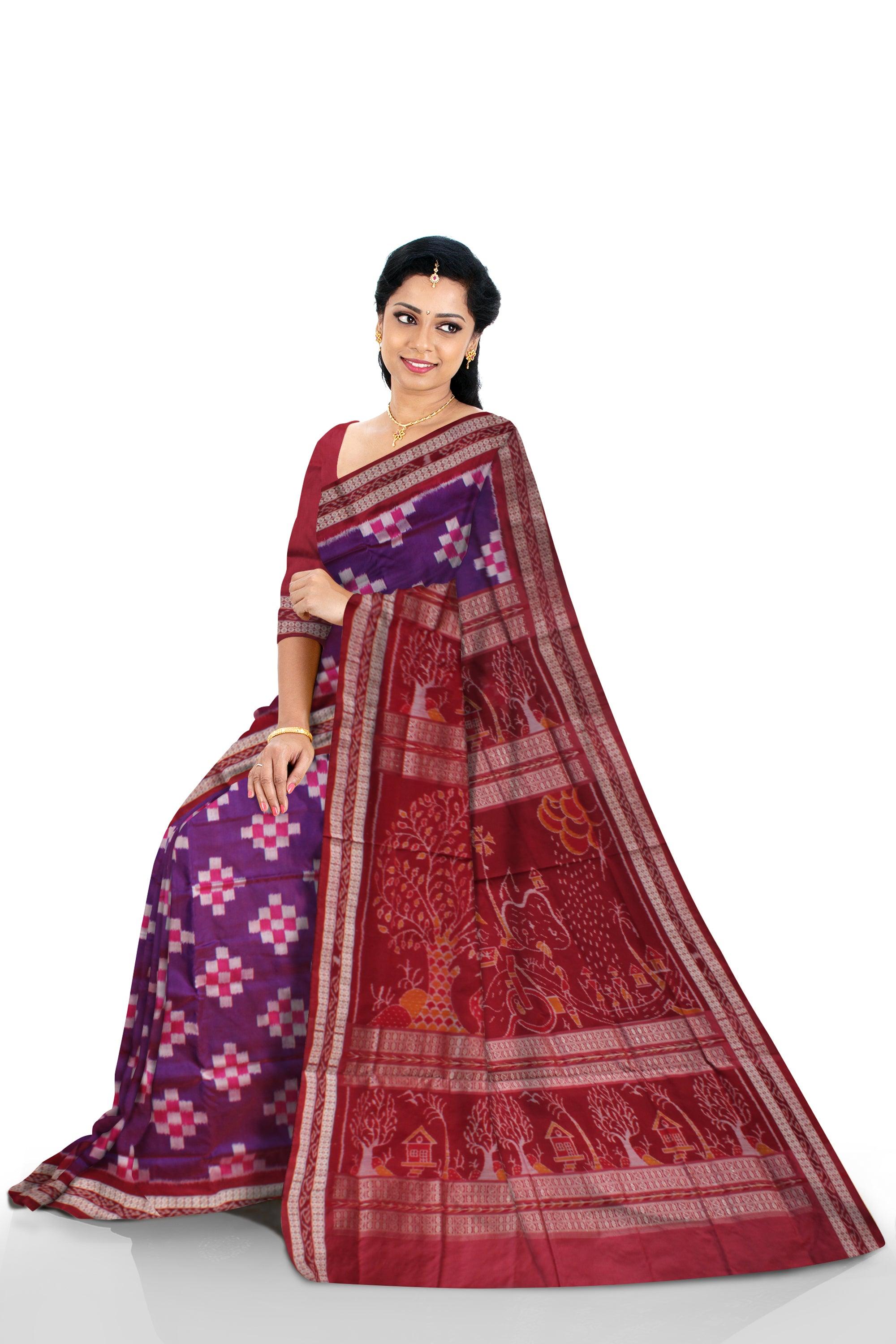 PALLU TRADITIONAL VILLAGE PATTERN PASAPALI PATA SAREE IS PURPLE AND MAROON COLOR BASE, AVAILABLE WITH MATCHING BLOUSE PIECE. - Koshali Arts & Crafts Enterprise