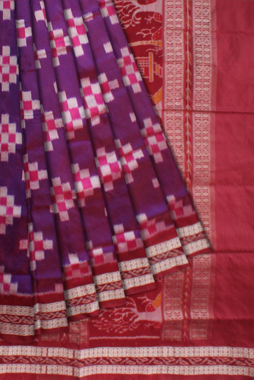 PALLU TRADITIONAL VILLAGE PATTERN PASAPALI PATA SAREE IS PURPLE AND MAROON COLOR BASE, AVAILABLE WITH MATCHING BLOUSE PIECE. - Koshali Arts & Crafts Enterprise