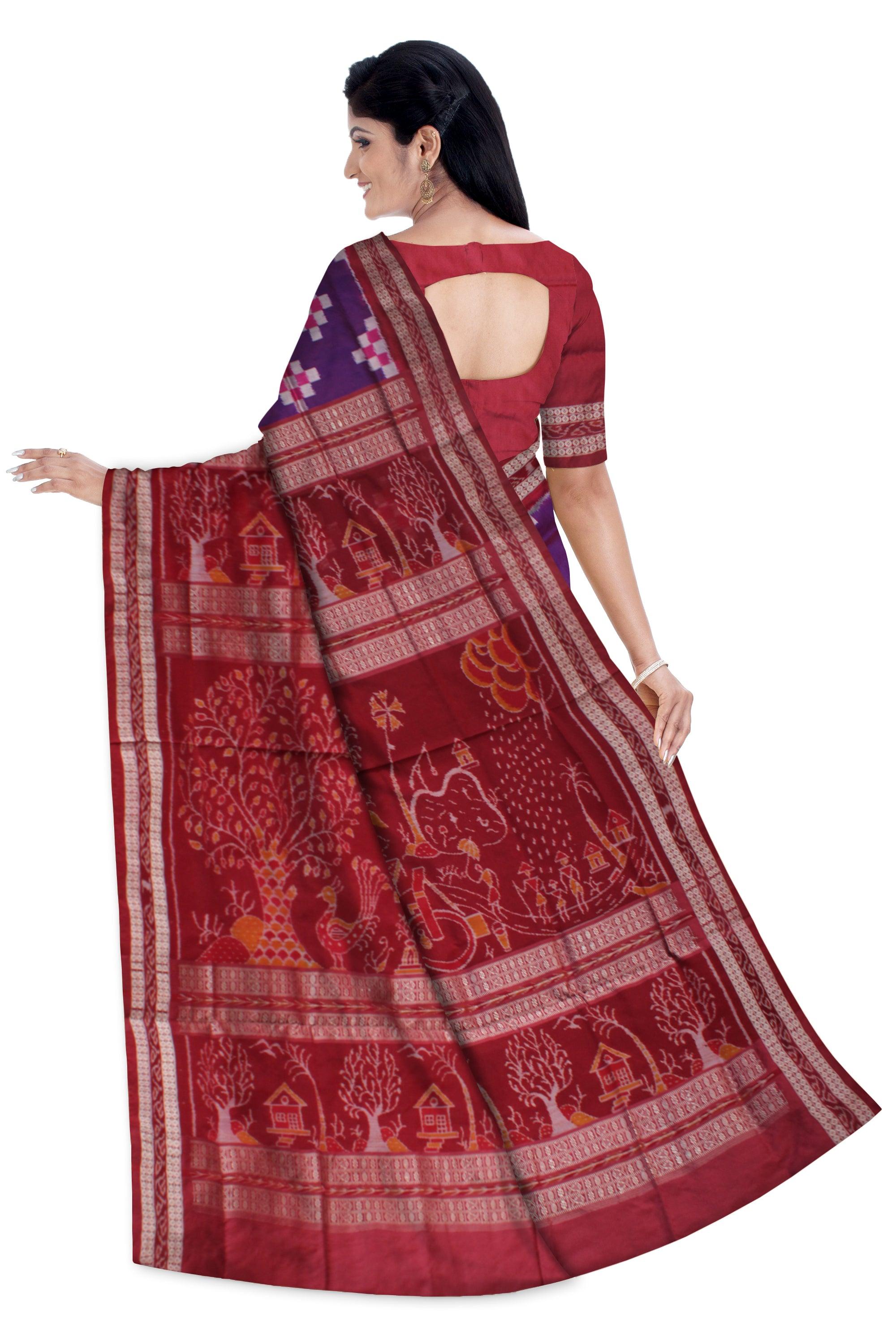 PALLU TRADITIONAL VILLAGE PATTERN PASAPALI PATA SAREE IS PURPLE AND MAROON COLOR BASE, AVAILABLE WITH MATCHING BLOUSE PIECE. - Koshali Arts & Crafts Enterprise