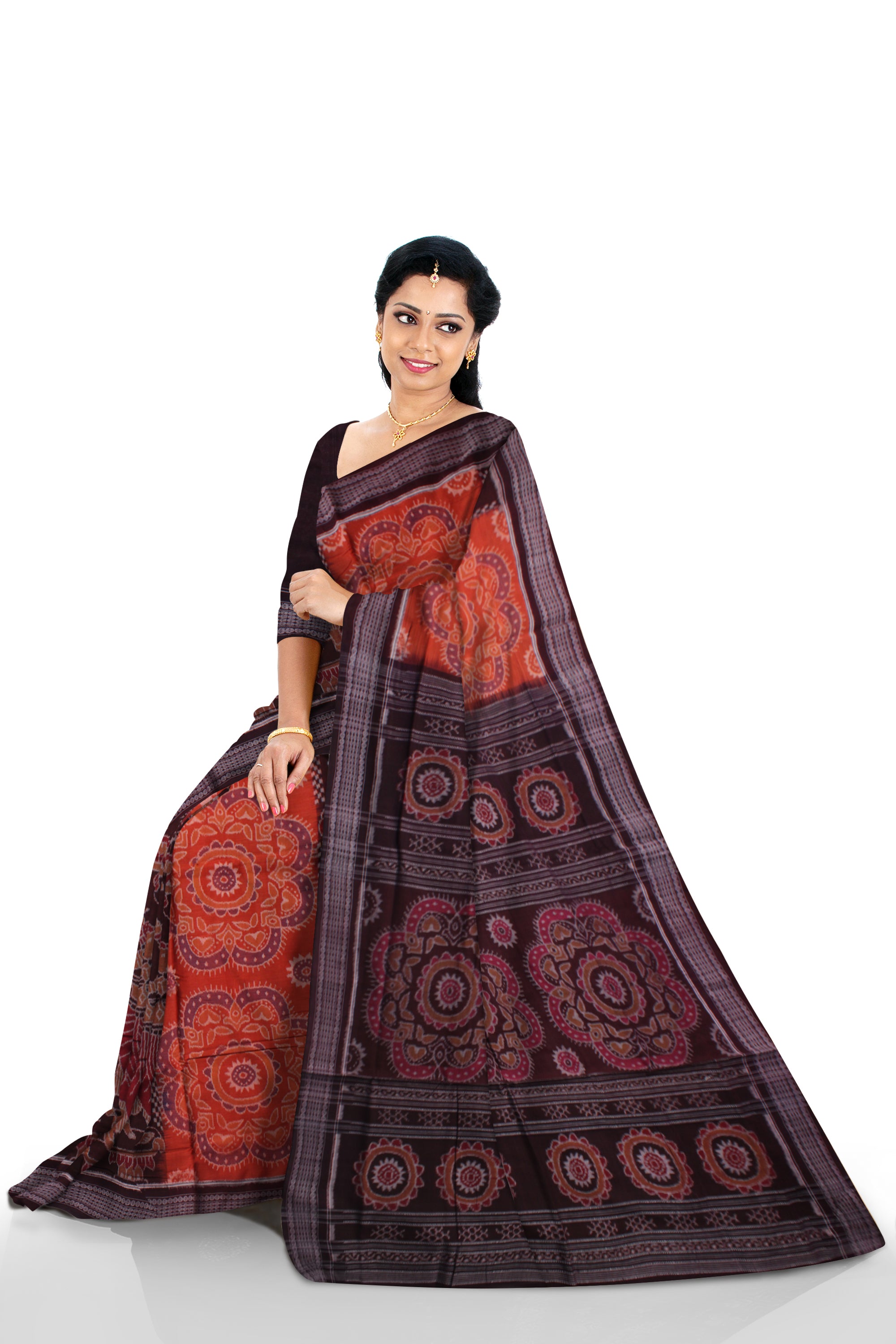 TRADITIONAL NARTAKI WITH FLOWER PATTERN PURE COTTON SAREE  IS ORANGE AND COFFEE COLOR,WITH MATCHING BLOUSE PIECE. - Koshali Arts & Crafts Enterprise