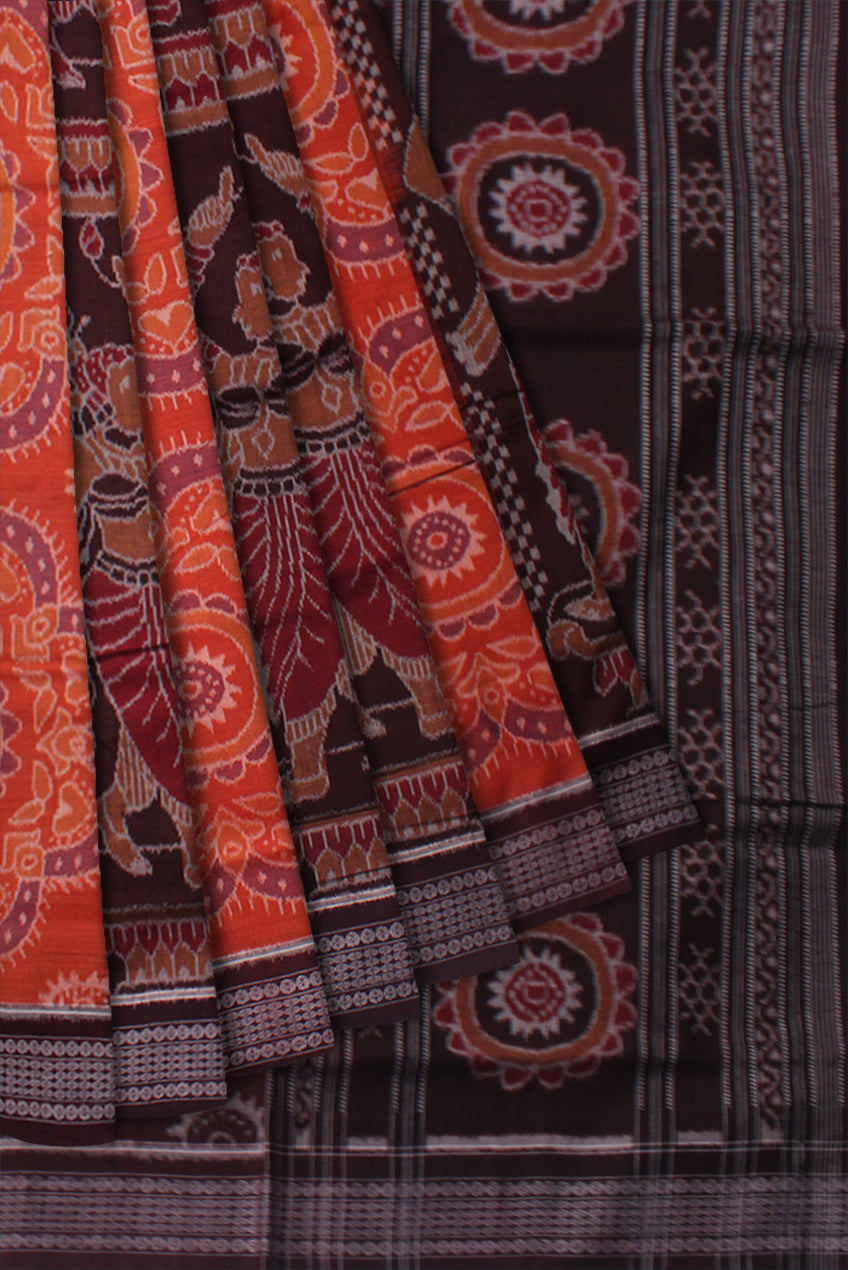 TRADITIONAL NARTAKI WITH FLOWER PATTERN PURE COTTON SAREE  IS ORANGE AND COFFEE COLOR,WITH MATCHING BLOUSE PIECE. - Koshali Arts & Crafts Enterprise