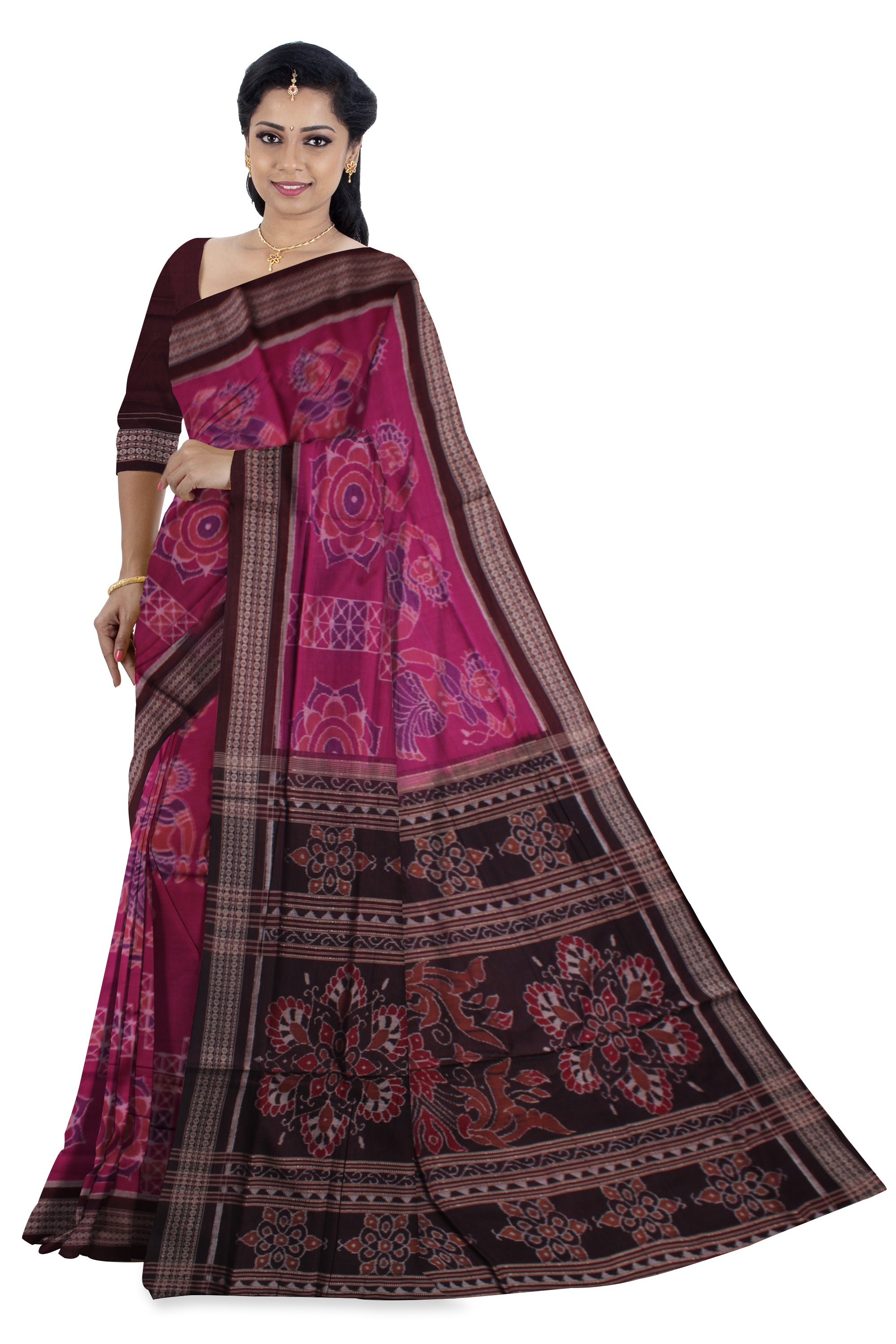 DARK-PINK AND COFFEE COLOR  NARTAKI PATTERN PURE COTTON SAREE, WITH BLOUSE PIECE. - Koshali Arts & Crafts Enterprise