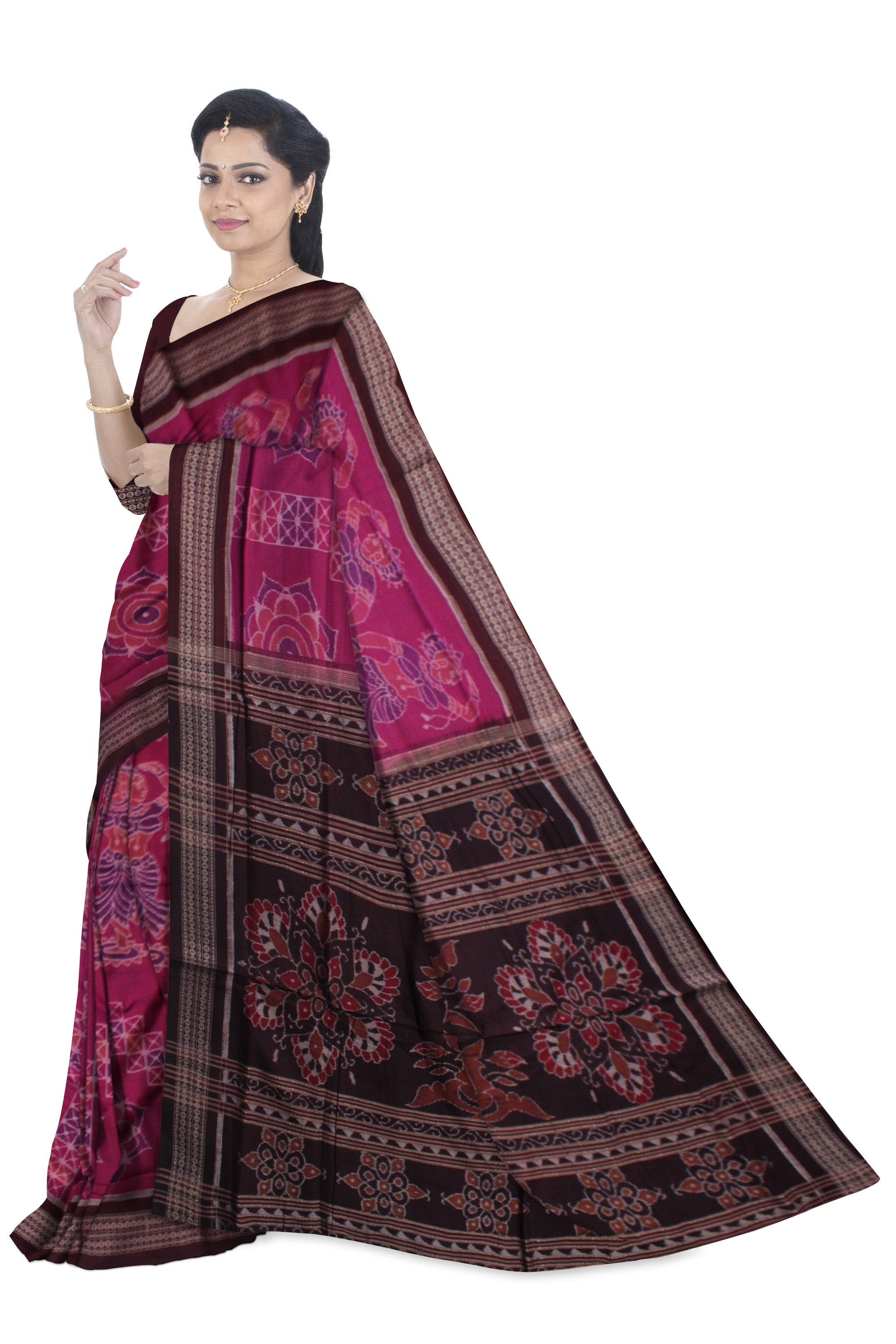 DARK-PINK AND COFFEE COLOR  NARTAKI PATTERN PURE COTTON SAREE, WITH BLOUSE PIECE. - Koshali Arts & Crafts Enterprise