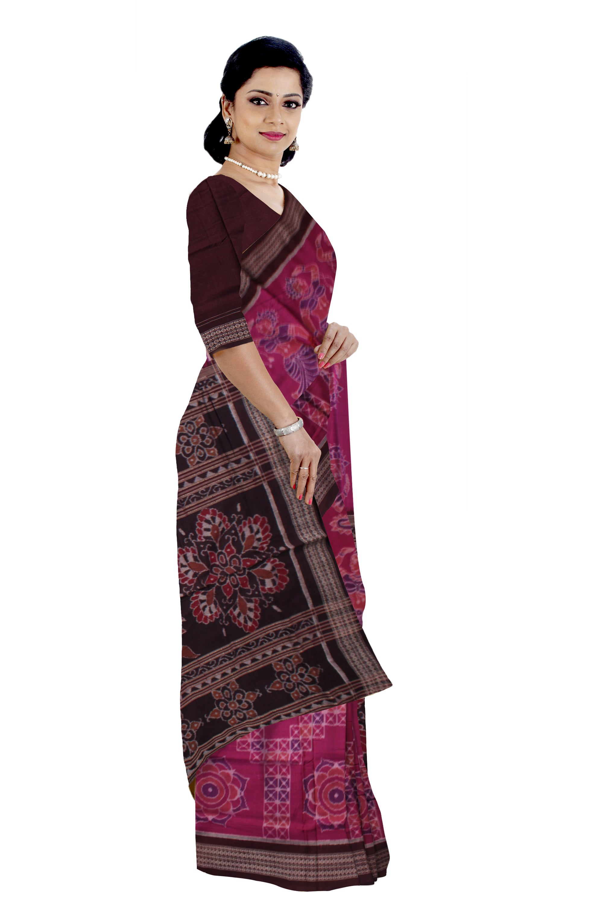 DARK-PINK AND COFFEE COLOR  NARTAKI PATTERN PURE COTTON SAREE, WITH BLOUSE PIECE. - Koshali Arts & Crafts Enterprise