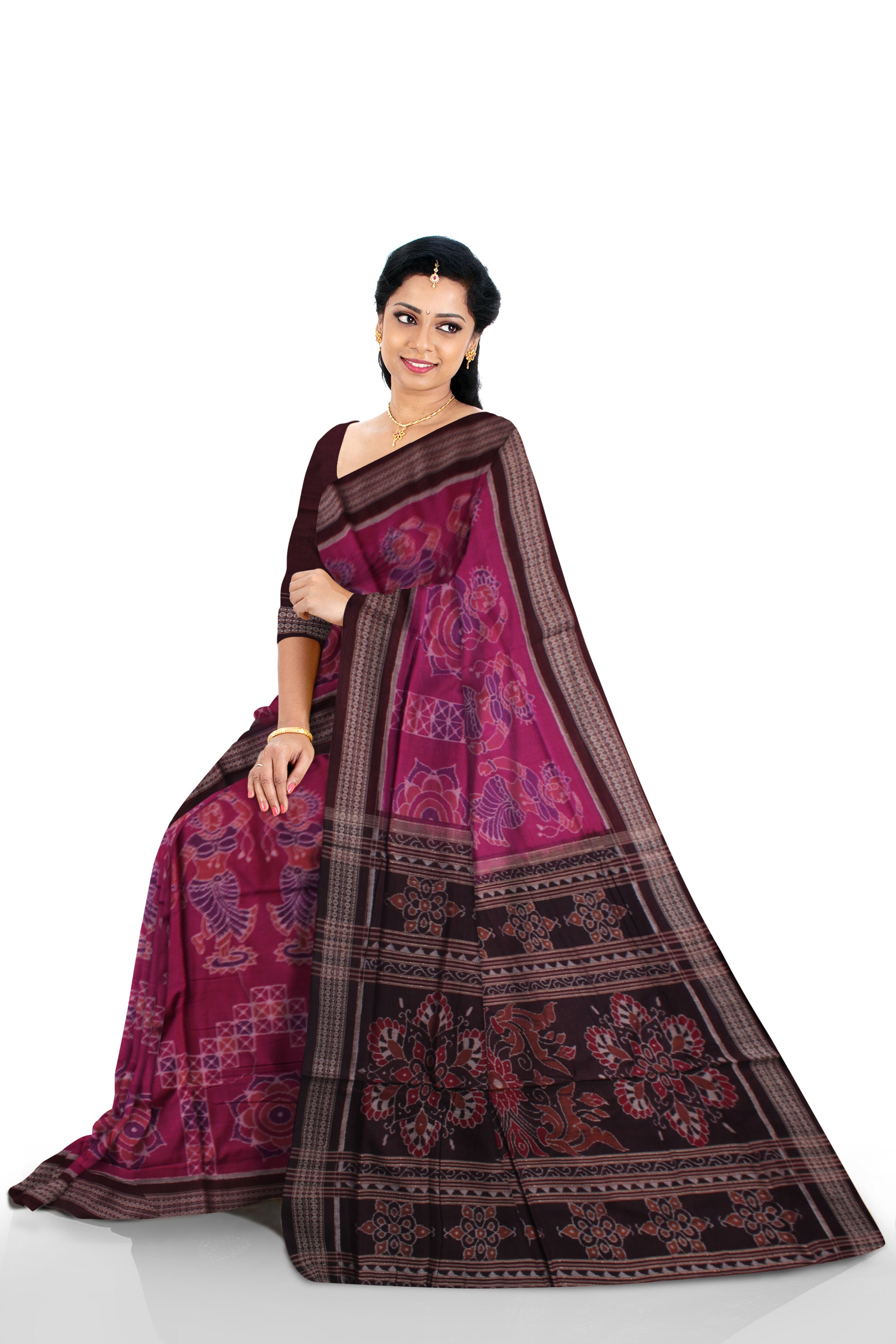 DARK-PINK AND COFFEE COLOR  NARTAKI PATTERN PURE COTTON SAREE, WITH BLOUSE PIECE. - Koshali Arts & Crafts Enterprise