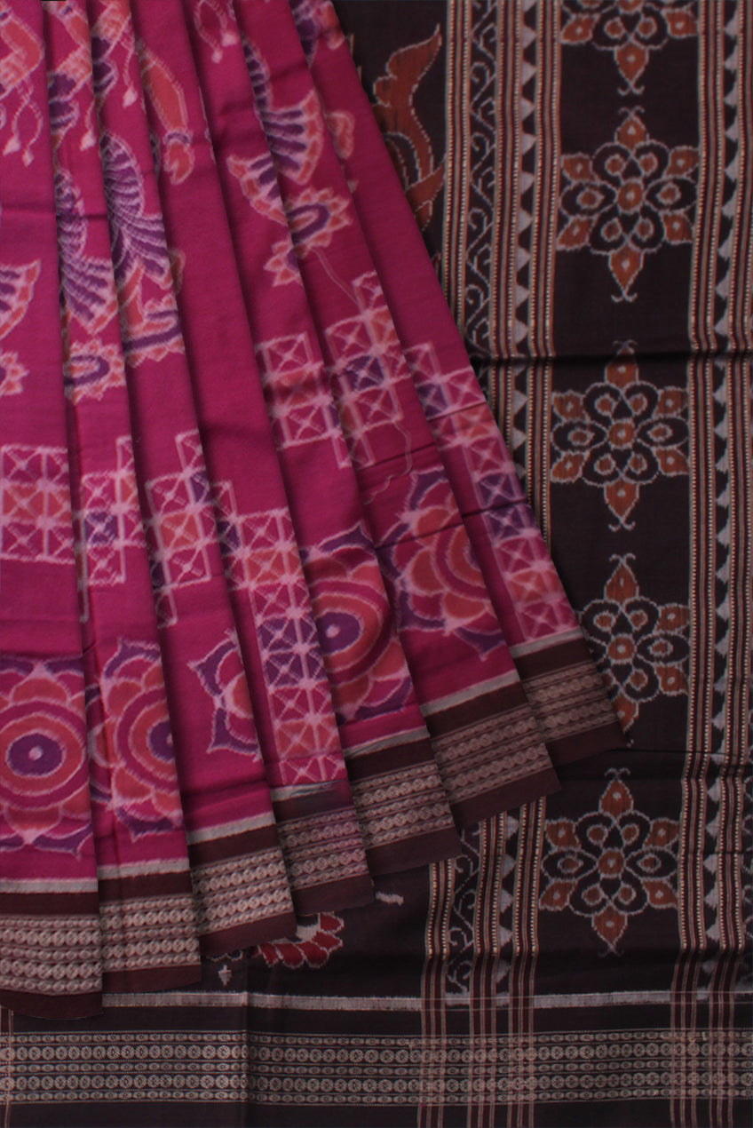DARK-PINK AND COFFEE COLOR  NARTAKI PATTERN PURE COTTON SAREE, WITH BLOUSE PIECE. - Koshali Arts & Crafts Enterprise