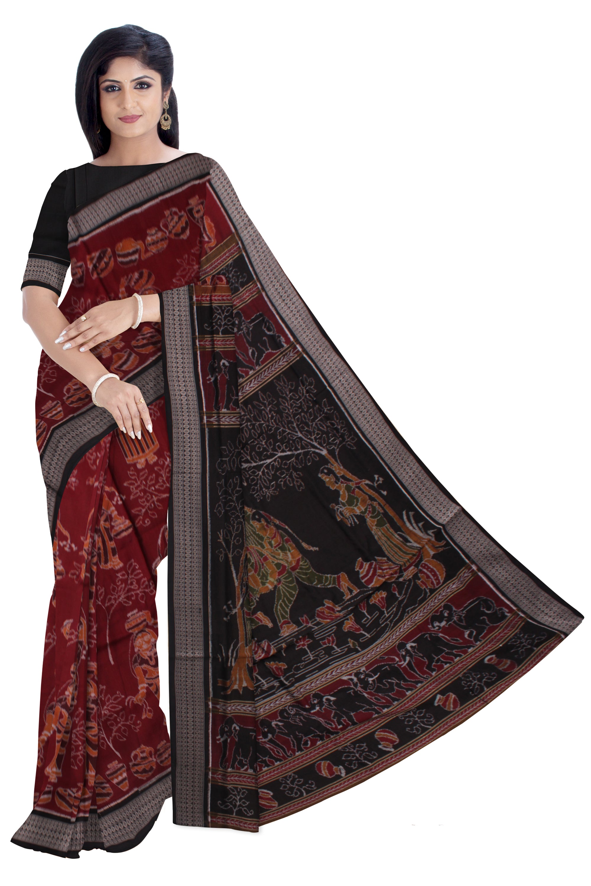 TRIBAL VILLAGE PATTERN PURE COTTON SAREE IS COFFEE AND BLACK COLOR BASE,WITH MATCHING BLOUSE PIECE. - Koshali Arts & Crafts Enterprise
