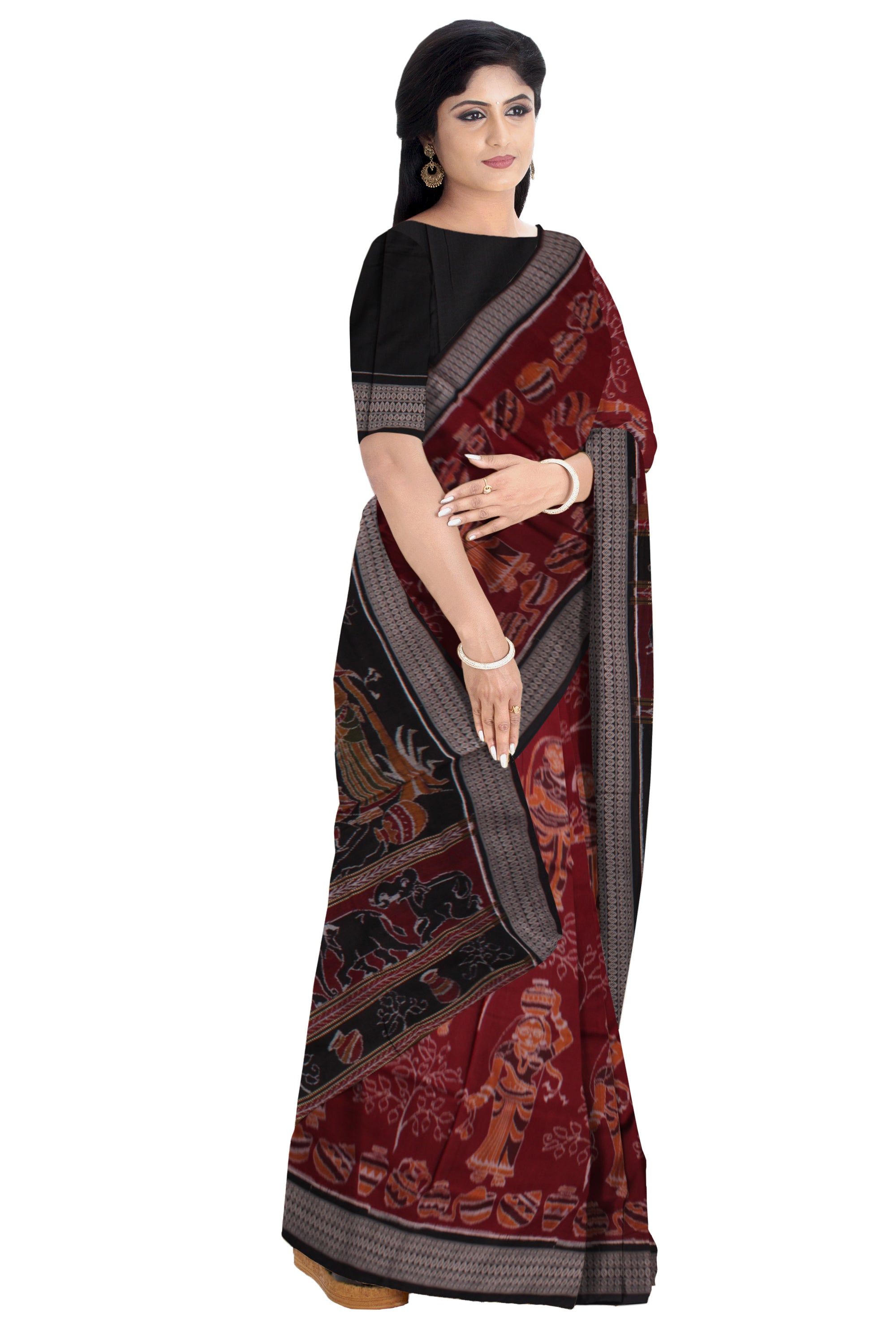 TRIBAL VILLAGE PATTERN PURE COTTON SAREE IS COFFEE AND BLACK COLOR BASE,WITH MATCHING BLOUSE PIECE. - Koshali Arts & Crafts Enterprise