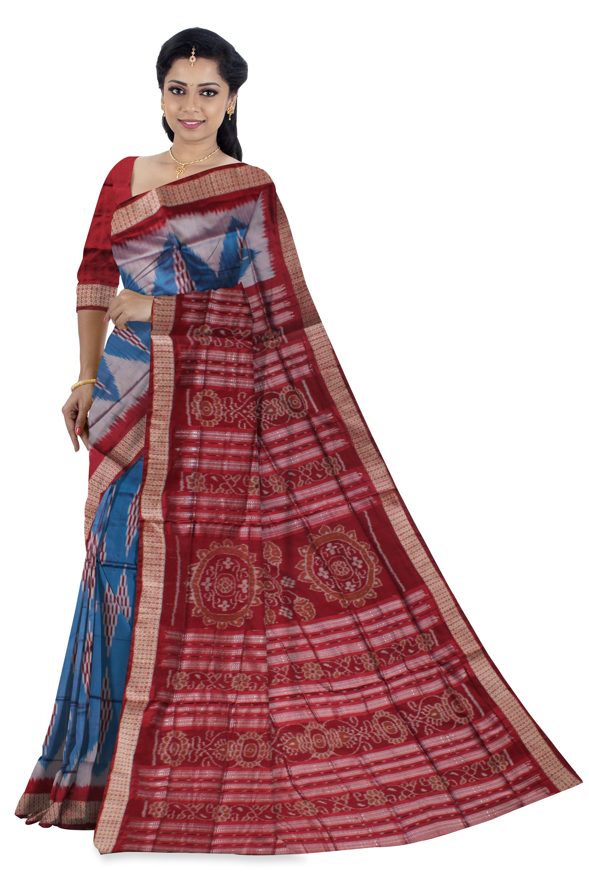 SKY, SILVER AND MAROON COLOR SAPTA PATERN PATA SAREE, WITH BLOUSE PIECE. - Koshali Arts & Crafts Enterprise