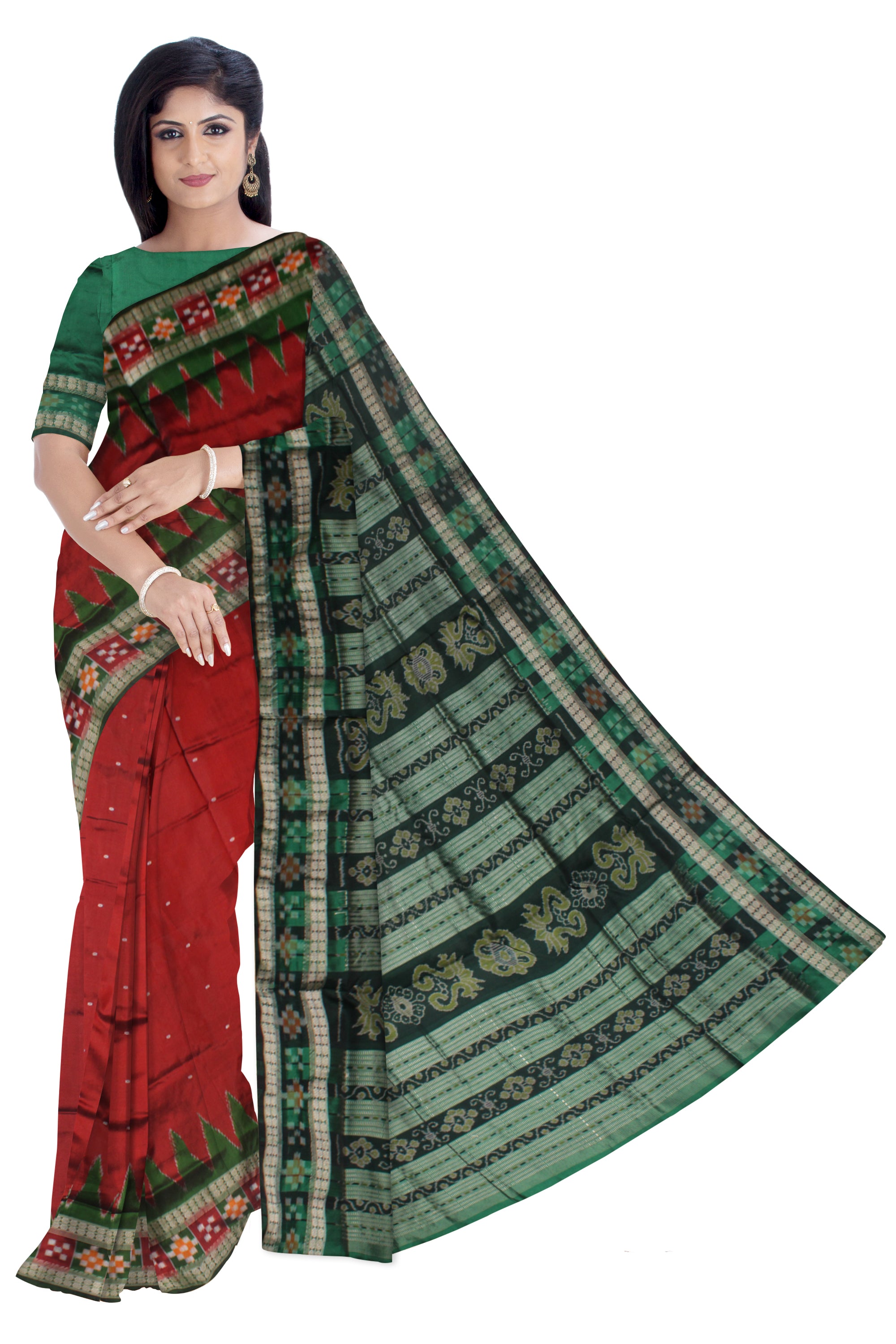 TRADITIONAL DHADI SAPTA PATTERN PATA SAREE IS MAROON AND GREEN COLOR BASE, AVAILABLE WITH MATCHING BLOUSE PIECE. - Koshali Arts & Crafts Enterprise